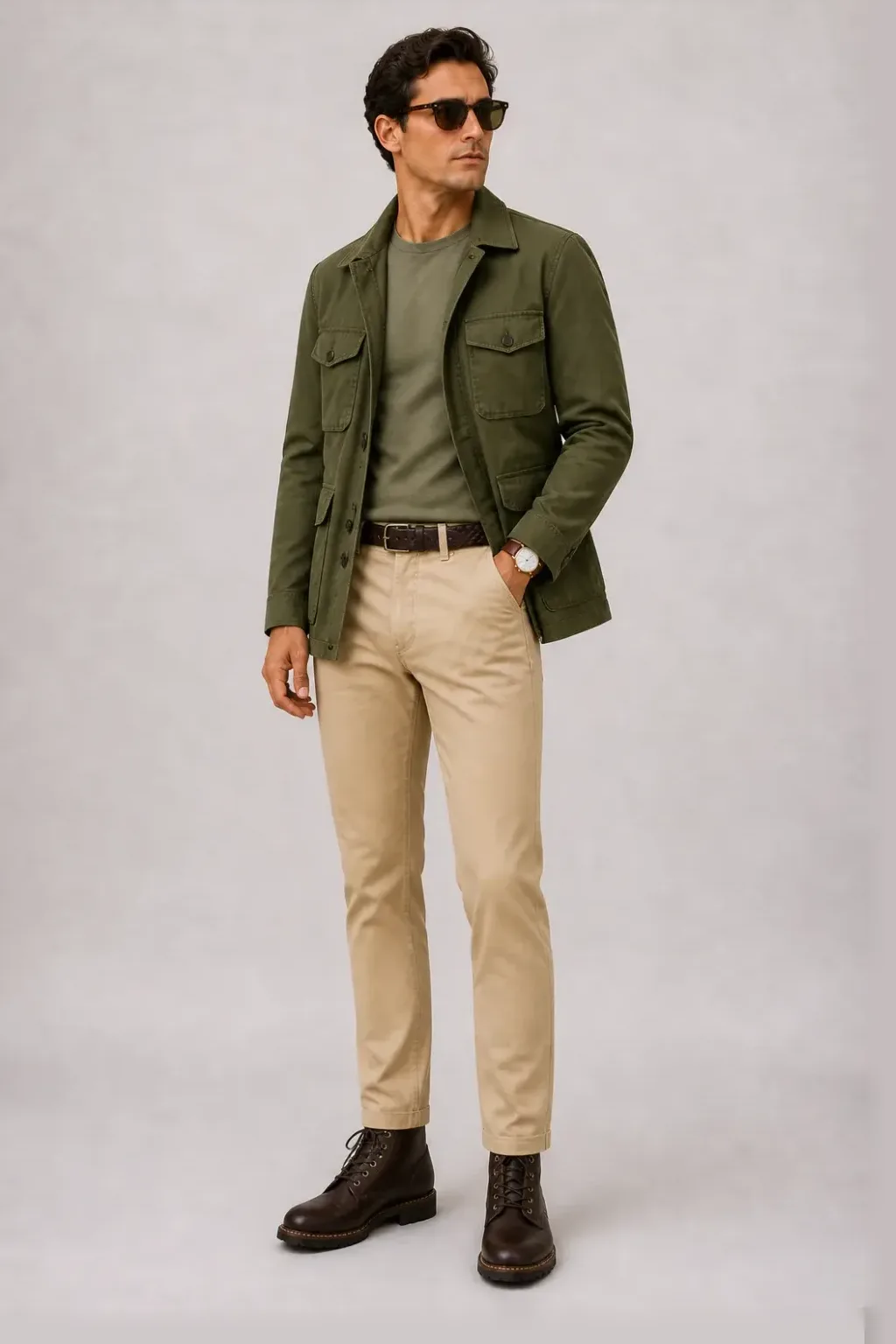 Field Jacket Oliv über T-Shirt, dazu Chino Beige und Work Boot