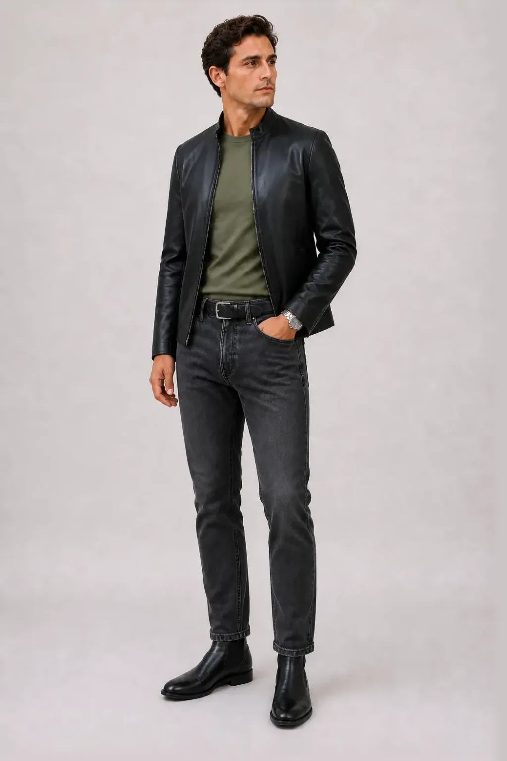 Lederjacke Schwarz über T-Shirt Bordeaux, dazu Jeans Dunkelgrau und Chelsea Boot — T-Shirt Oliv