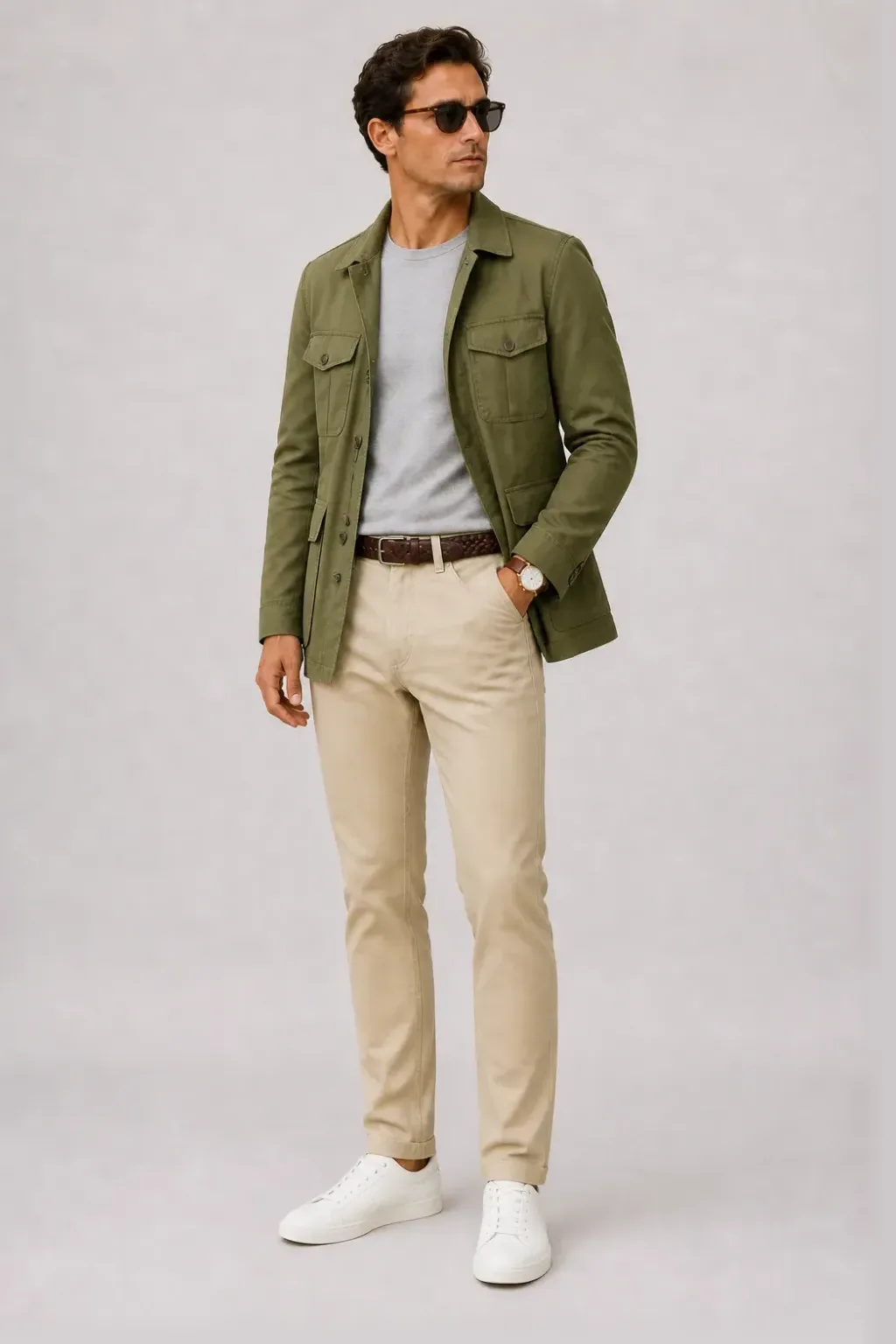 Field Jacket Oliv über T-Shirt Hellgrau, dazu Chino Beige und Sneaker