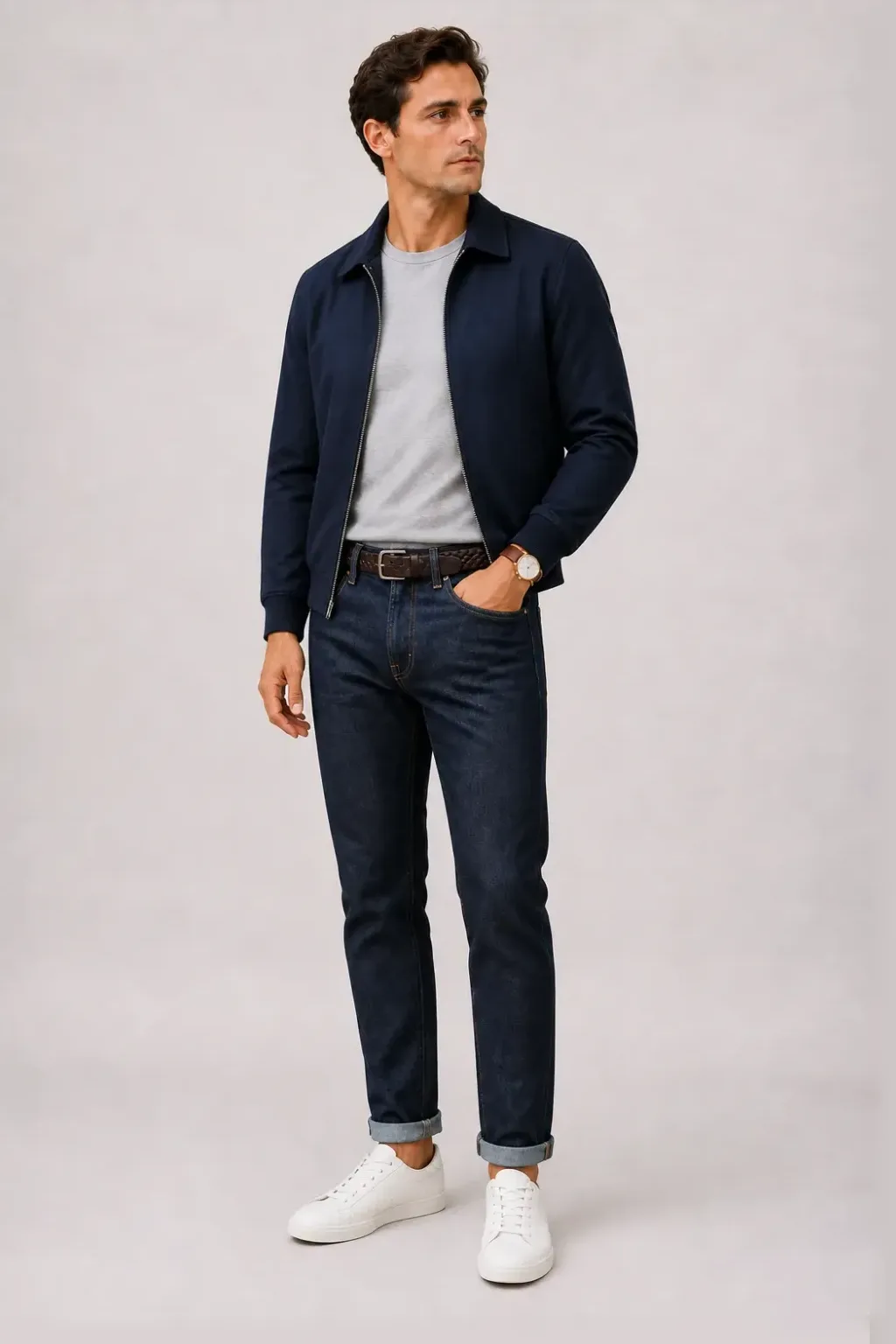 Harrington Blouson Navy über T-Shirt Weiss, dazu Jeans Navy und Sneaker — T-Shirt Hellgrau