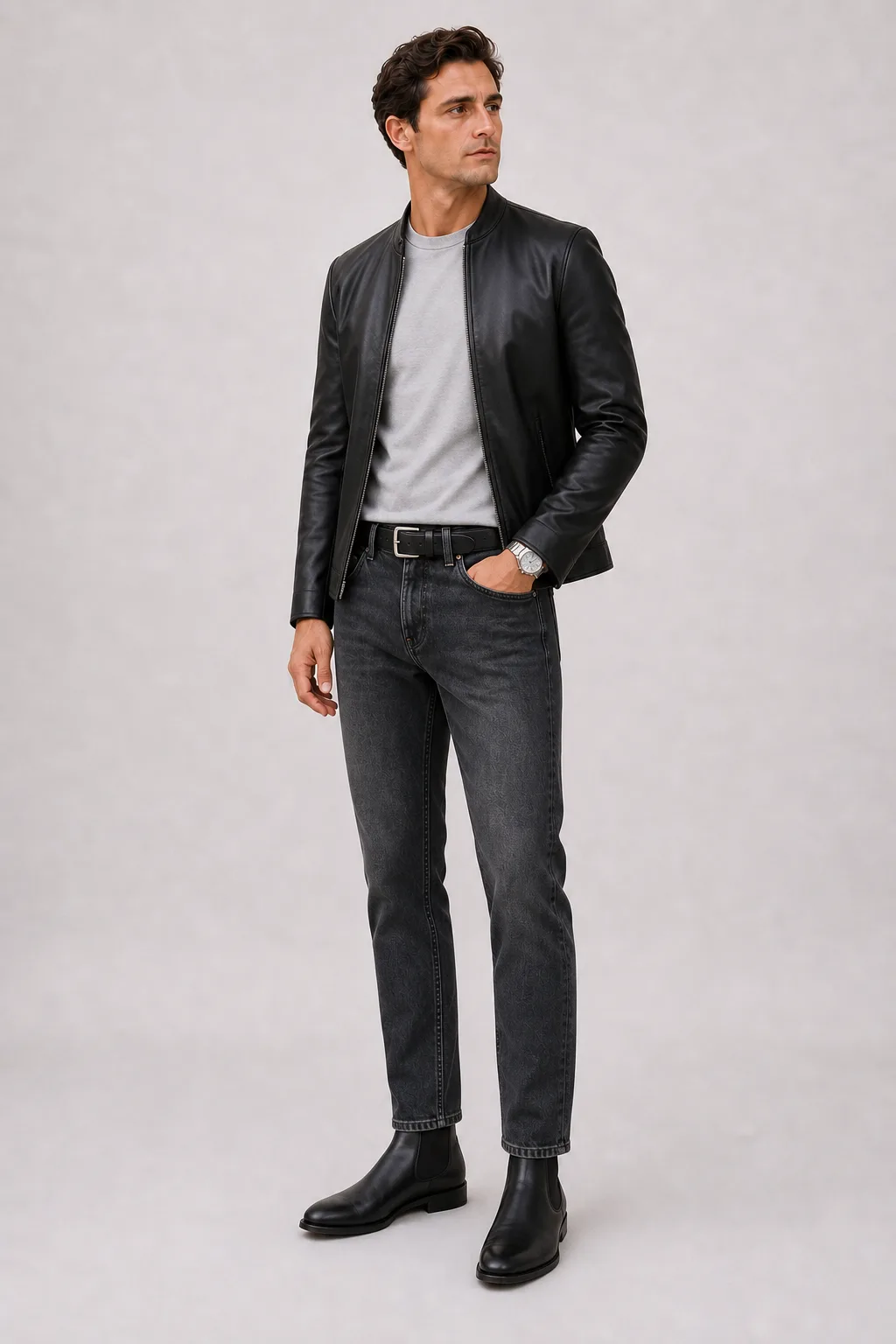 Lederjacke Schwarz über T-Shirt Bordeaux, dazu Jeans Dunkelgrau und Chelsea Boot — T-Shirt Hellgrau