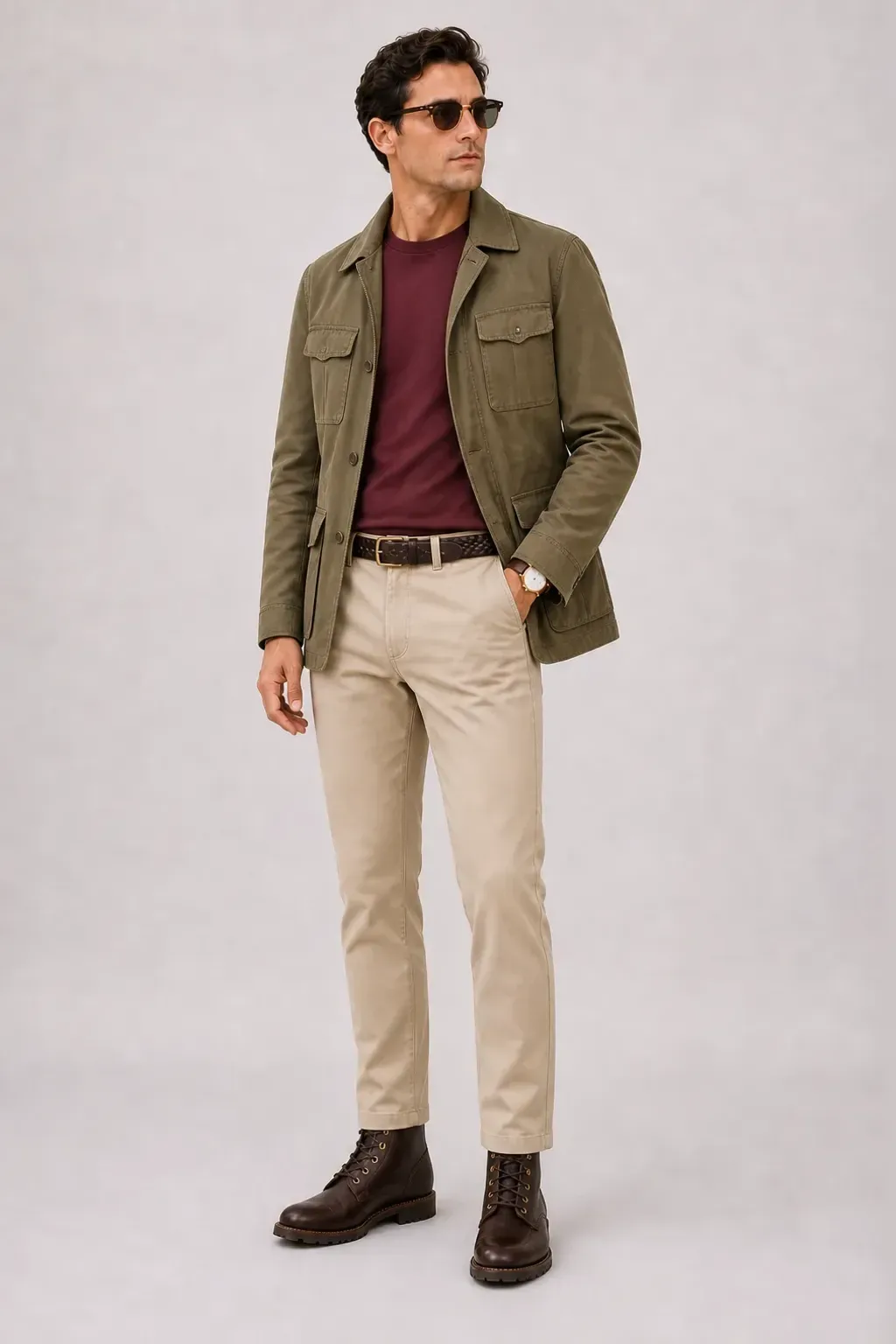 Field Jacket Khaki über T-Shirt, dazu Chino Beige und Work Boot