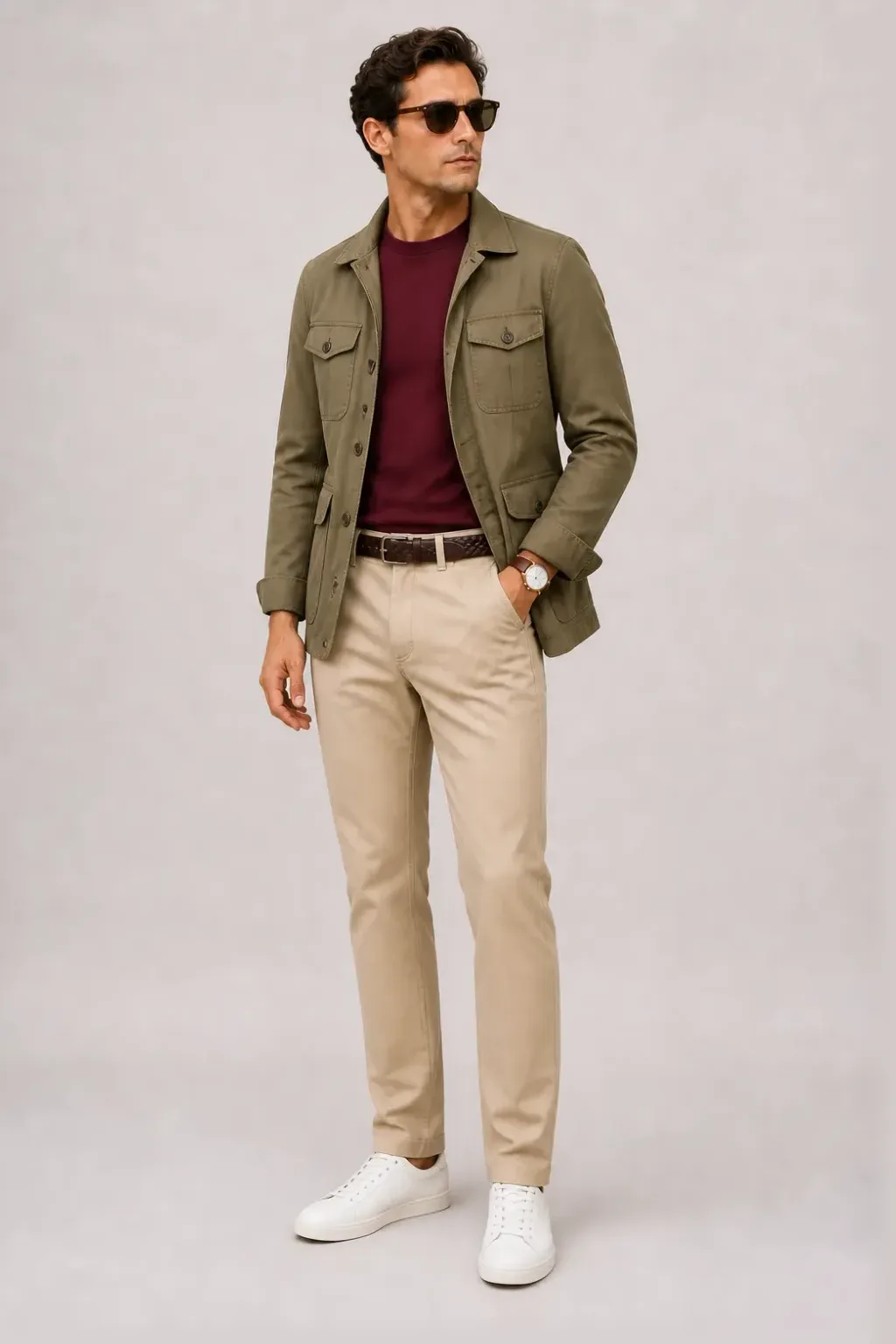 Field Jacket Khaki über T-Shirt, dazu Chino Beige und Work Boot — Sneaker Weiss