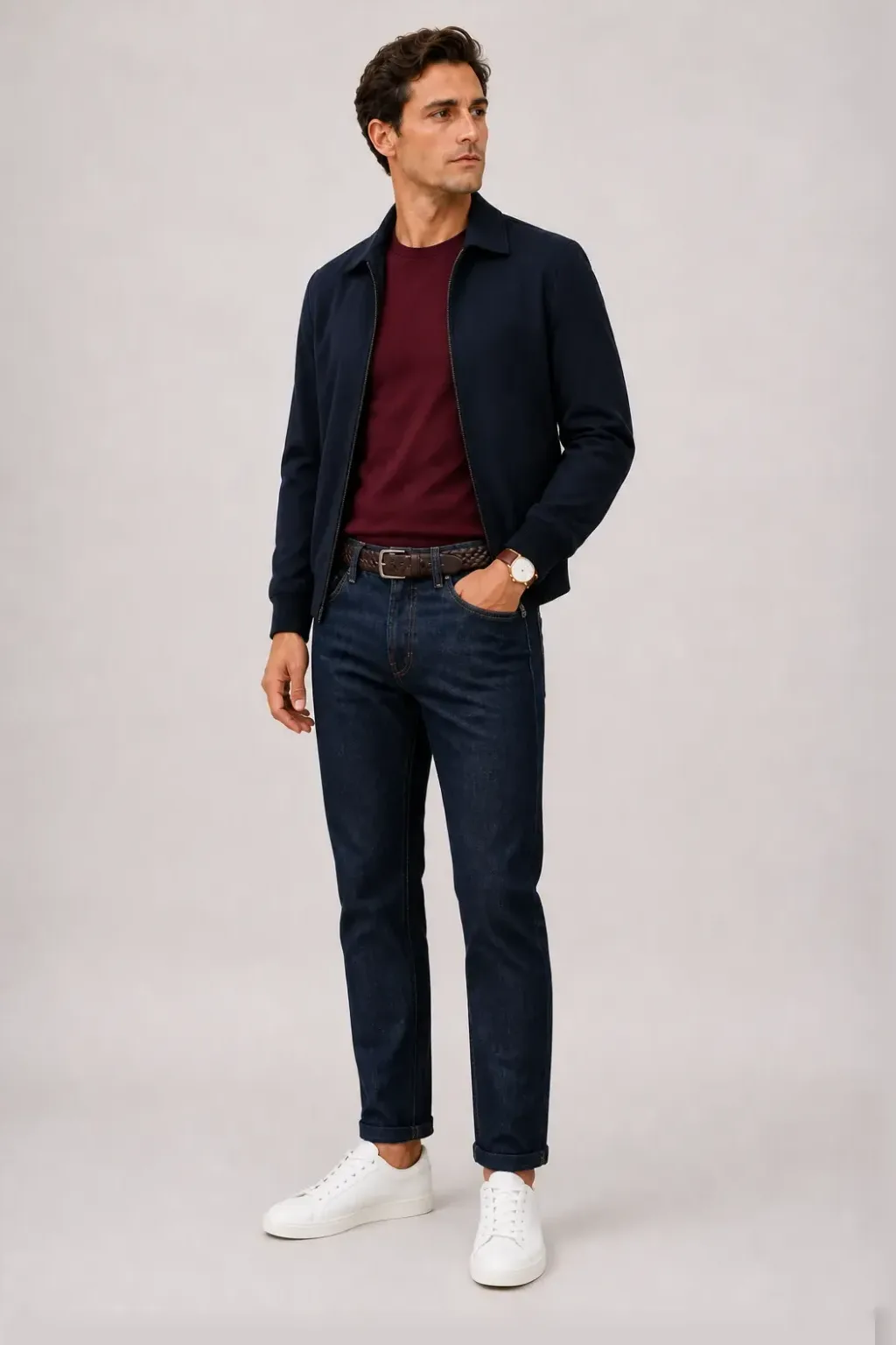 Harrington Blouson Navy über T-Shirt Bordeaux, dazu Jeans Navy und Sneaker