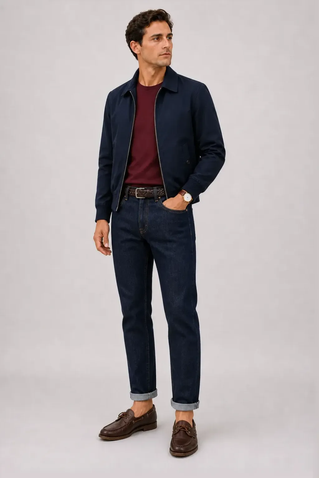 Harrington Blouson Navy über T-Shirt Bordeaux, dazu Jeans Navy und Sneaker