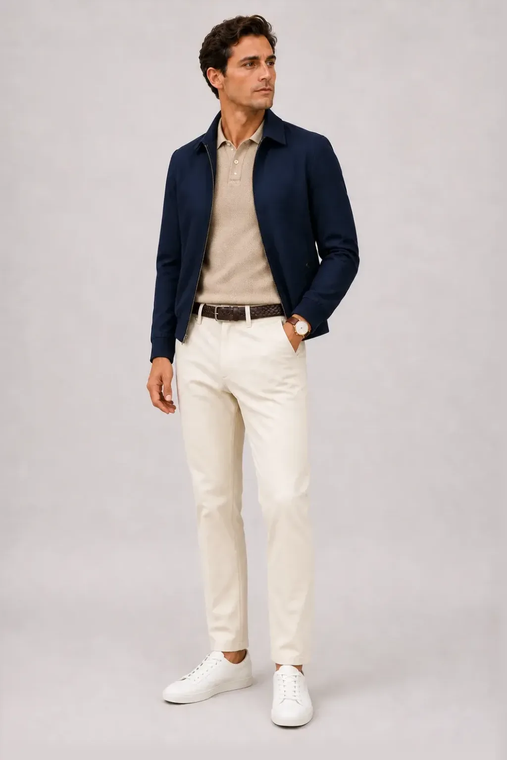 Harrington Blouson Navy über Strickpolo, dazu Chino Creme und Sneaker