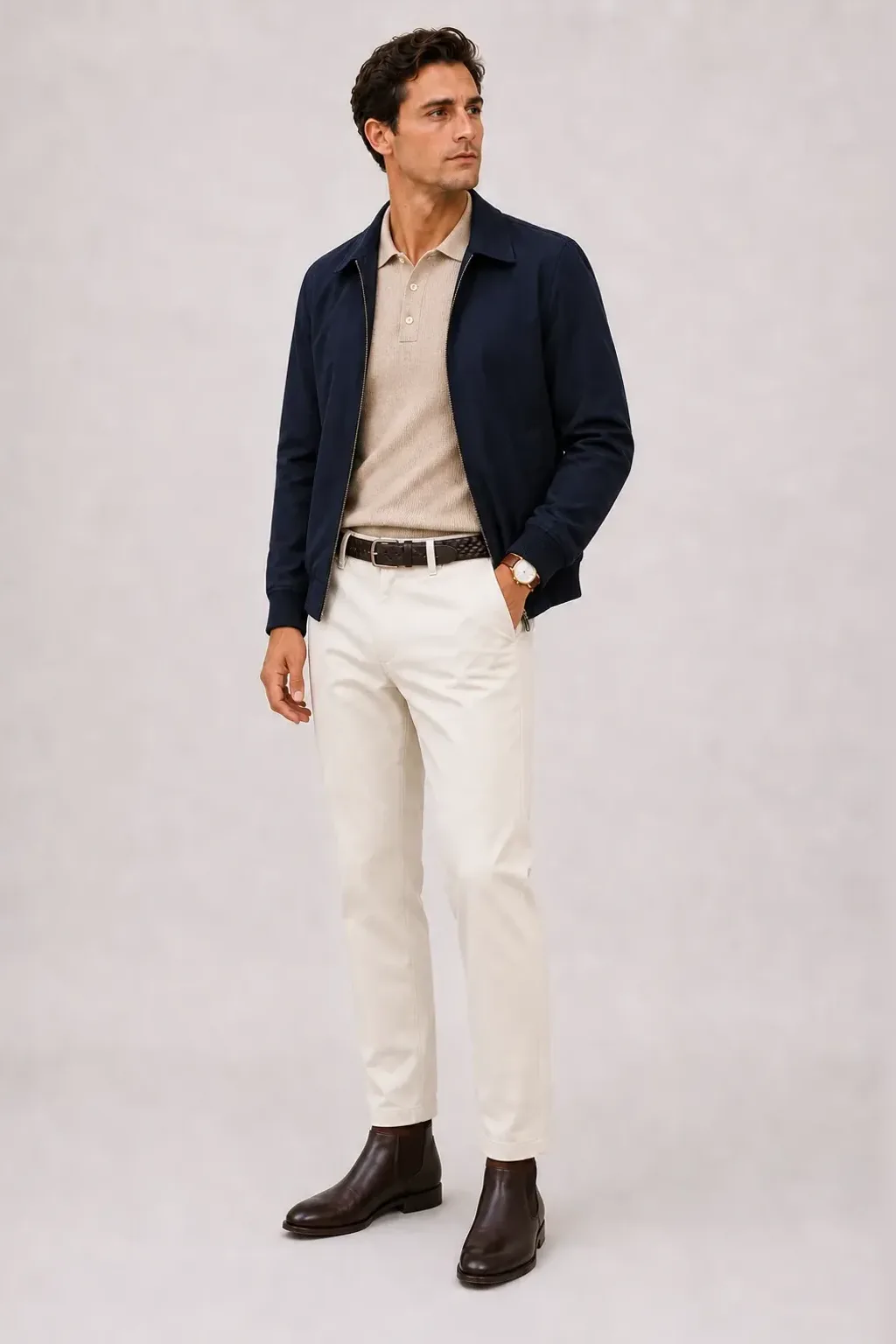 Harrington Blouson Navy über Strickpolo, dazu Chino Creme und Sneaker