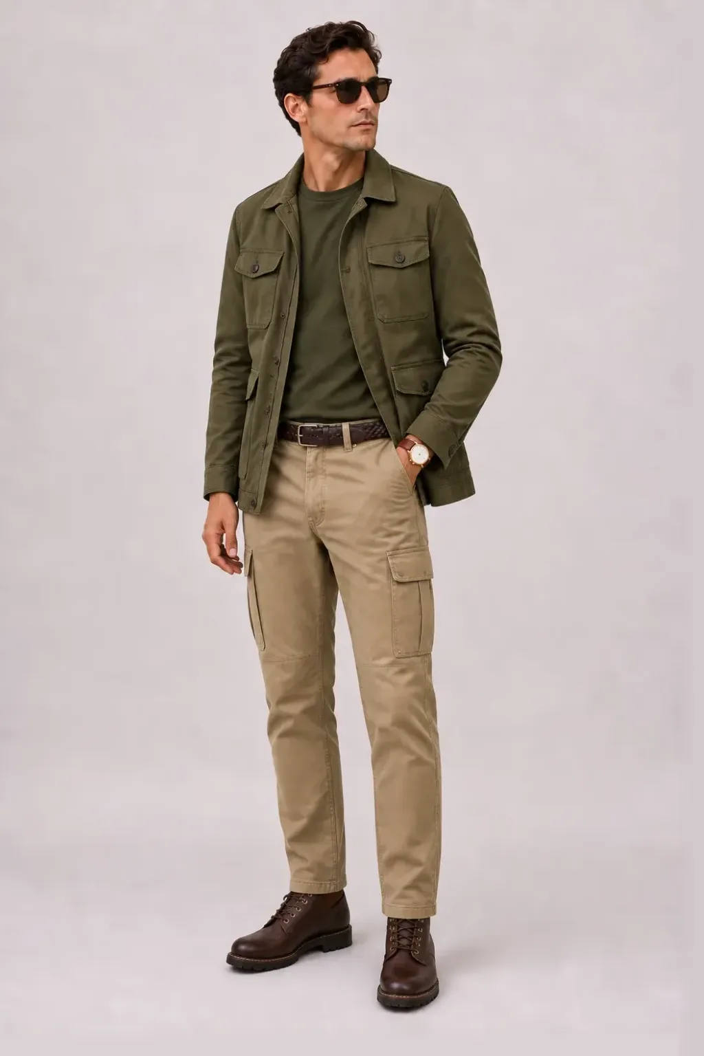 Field Jacket Oliv über T-Shirt, dazu Cargohose Khaki und Work Boot