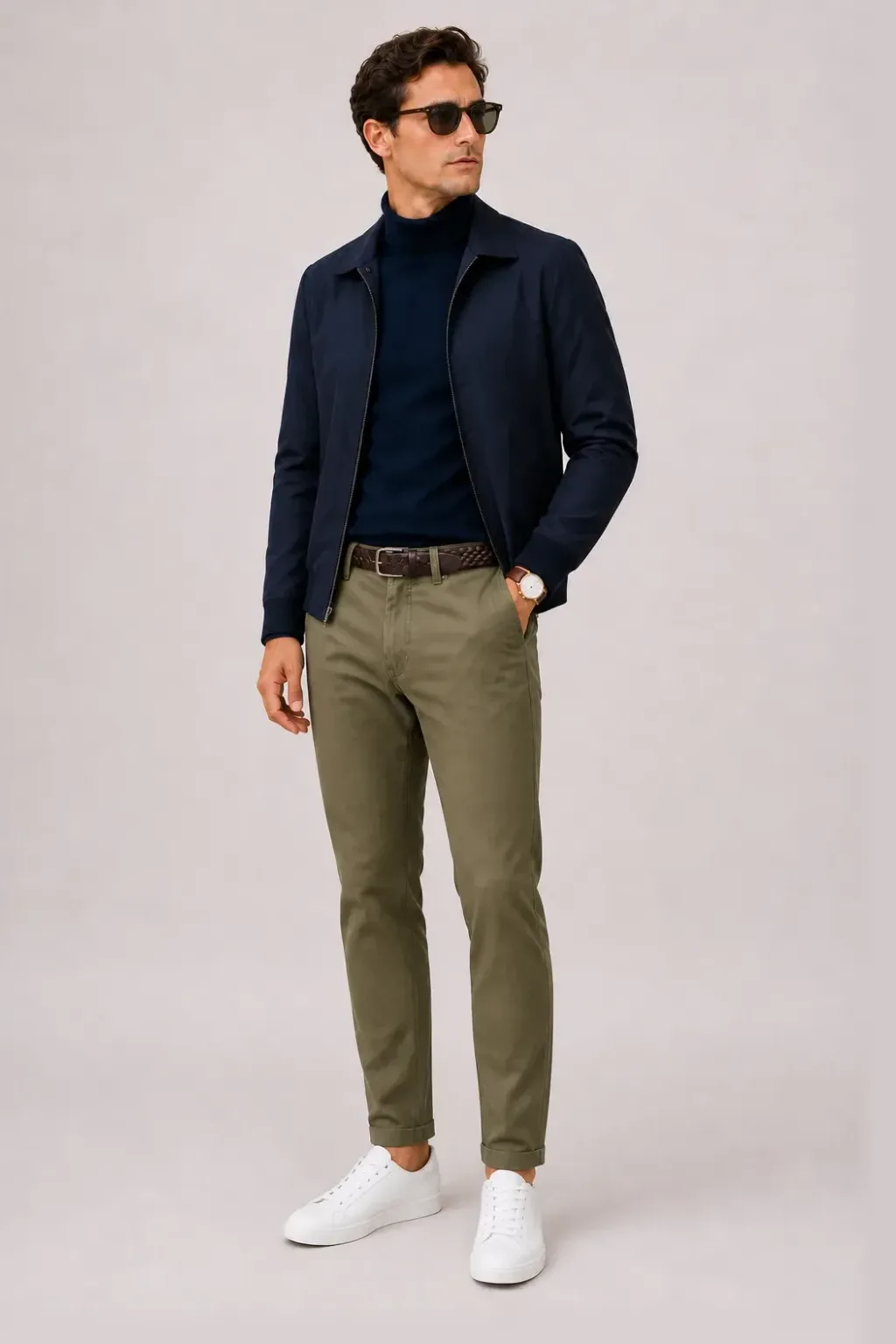 Harrington Blouson Navy über Cardigan, dazu Cordhose Oliv und Bootsschuh — ≈ Rollkragenpullover pur Chino statt Cordhose +1