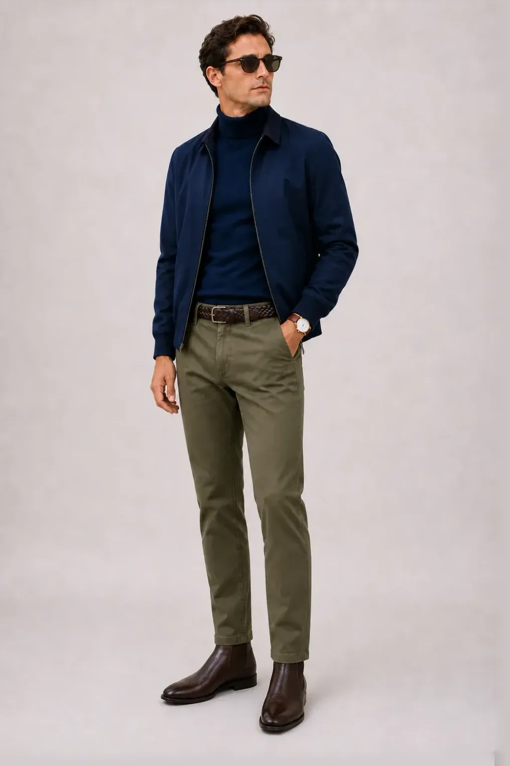 Harrington Blouson Navy über Rollkragenpullover, dazu Chino Oliv und Sneaker