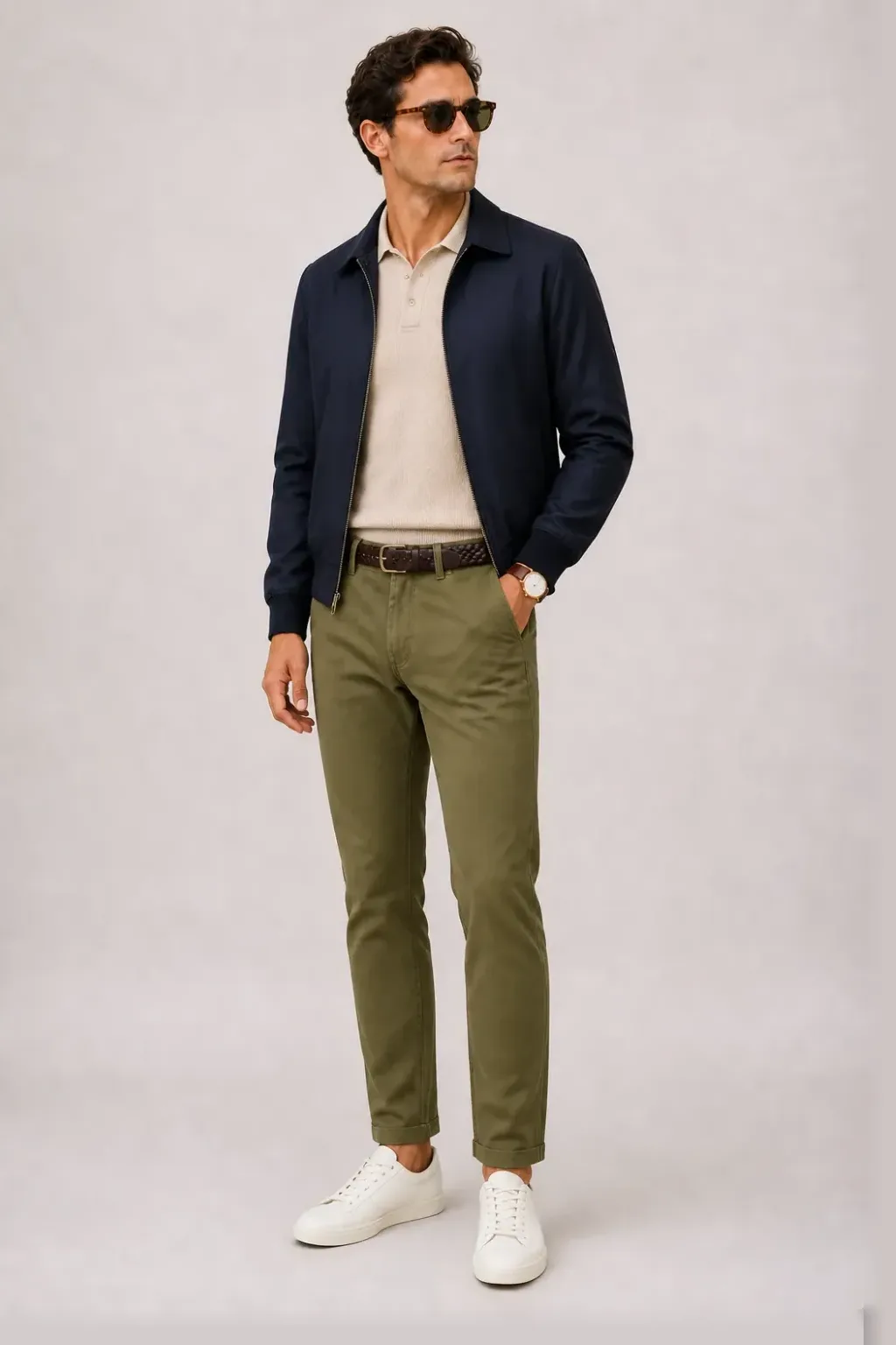 Harrington Blouson Navy über Strickpolo, dazu Chino Oliv und Sneaker