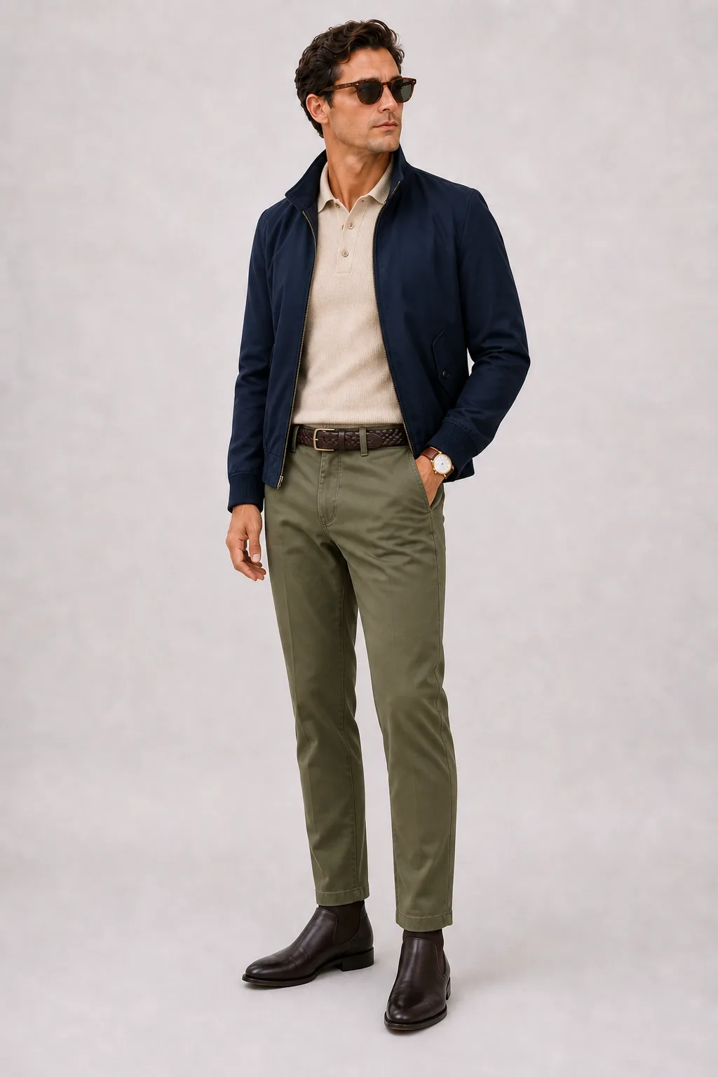Harrington Blouson Navy über Strickpolo, dazu Chino Oliv und Sneaker