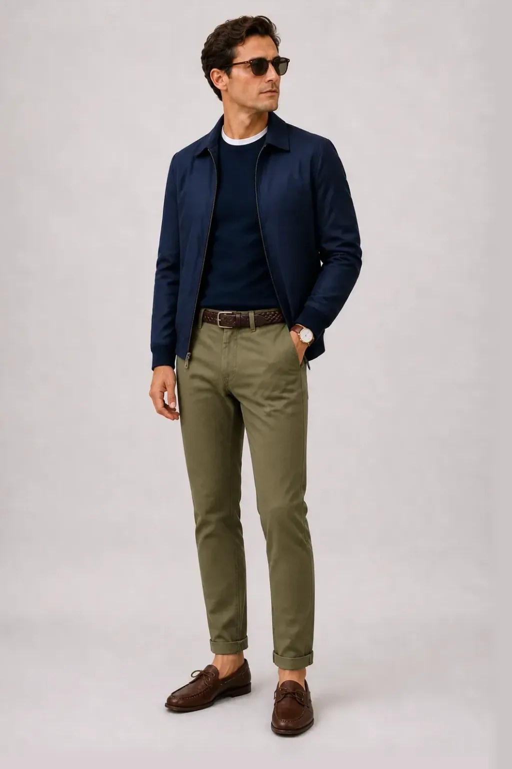 Harrington Blouson Navy über Crewneck-Pullover Feinstrick, dazu Chino Oliv und Bootsschuh