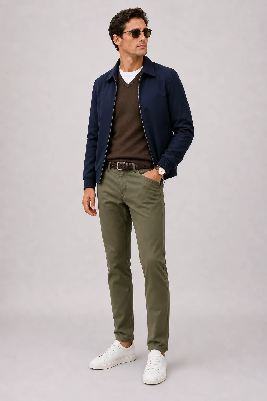 Harrington Blouson Navy über T-Shirt, dazu Chino Oliv und Sneaker — V-Neck-Pullover Feinstrick Schokobraun