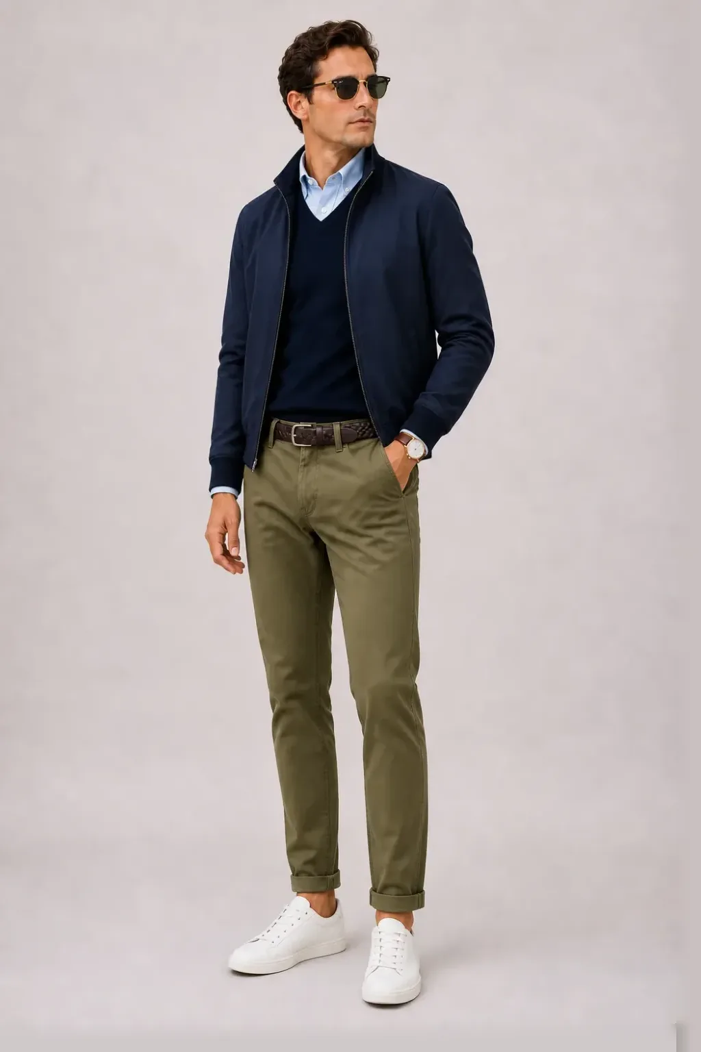 Harrington Blouson Navy über V-Neck-Pullover Feinstrick Navy und Button-Down-Hemd Hellblau, dazu Chino Oliv und Sneaker