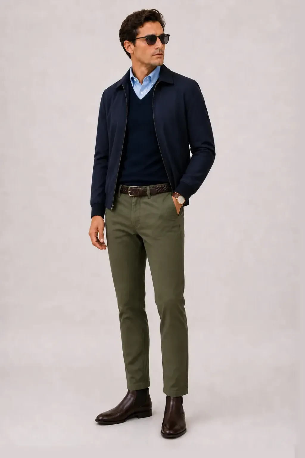 Harrington Blouson Navy über V-Neck-Pullover Feinstrick Navy und Button-Down-Hemd Hellblau, dazu Chino Oliv und Sneaker