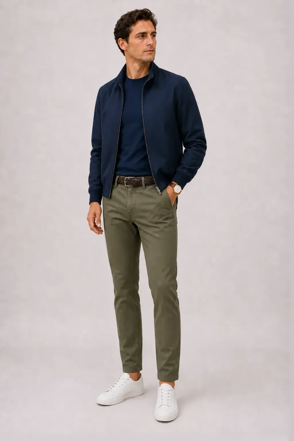 Harrington Blouson Navy über T-Shirt, dazu Chino Oliv und Sneaker