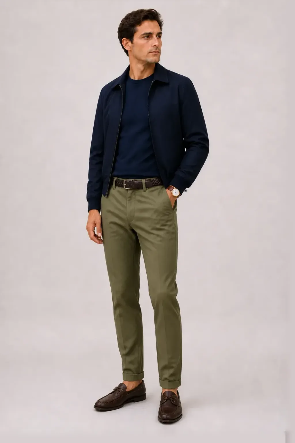 Harrington Blouson Navy über T-Shirt, dazu Chino Oliv und Sneaker