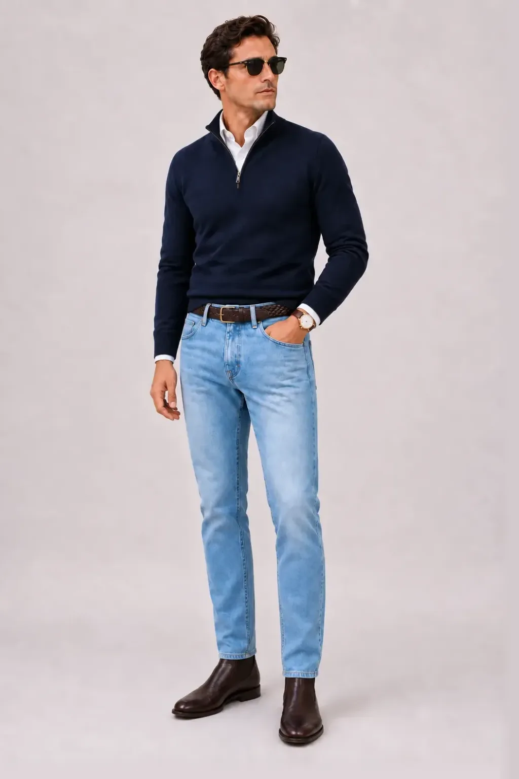 Half-Zip Pullover Feinstrick Navy über Button-Down-Hemd, dazu Jeans Hellblau und Chelsea Boot — Button-Down-Hemd Weiss