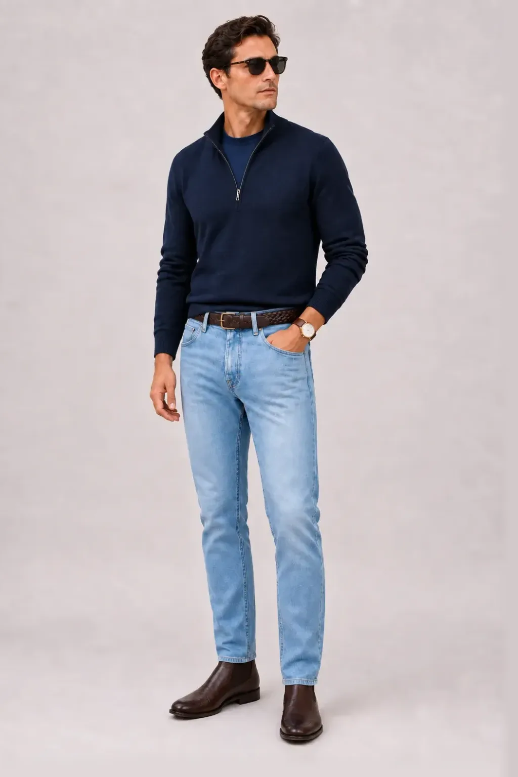 Half-Zip Pullover Feinstrick Navy über Button-Down-Hemd, dazu Jeans Hellblau und Chelsea Boot — T-Shirt Navy