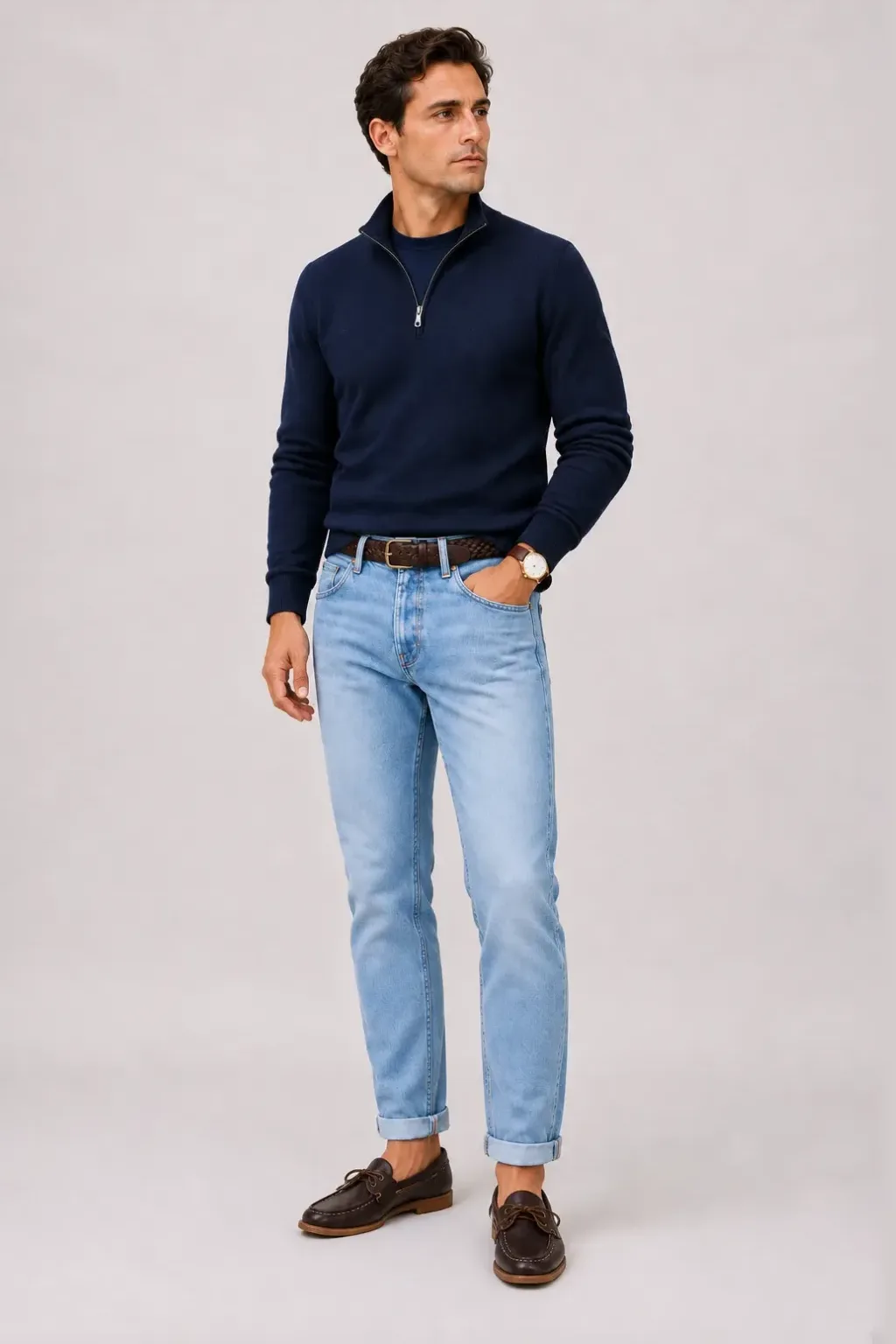 Half-Zip Pullover Feinstrick Navy über Button-Down-Hemd, dazu Jeans Hellblau und Chelsea Boot