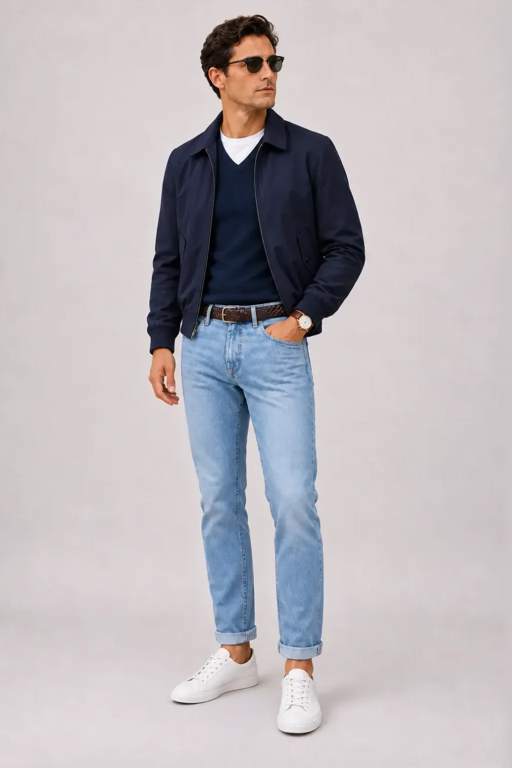 Harrington Blouson Navy über T-Shirt, dazu Jeans Hellblau und Sneaker — V-Neck-Pullover Feinstrick Navy