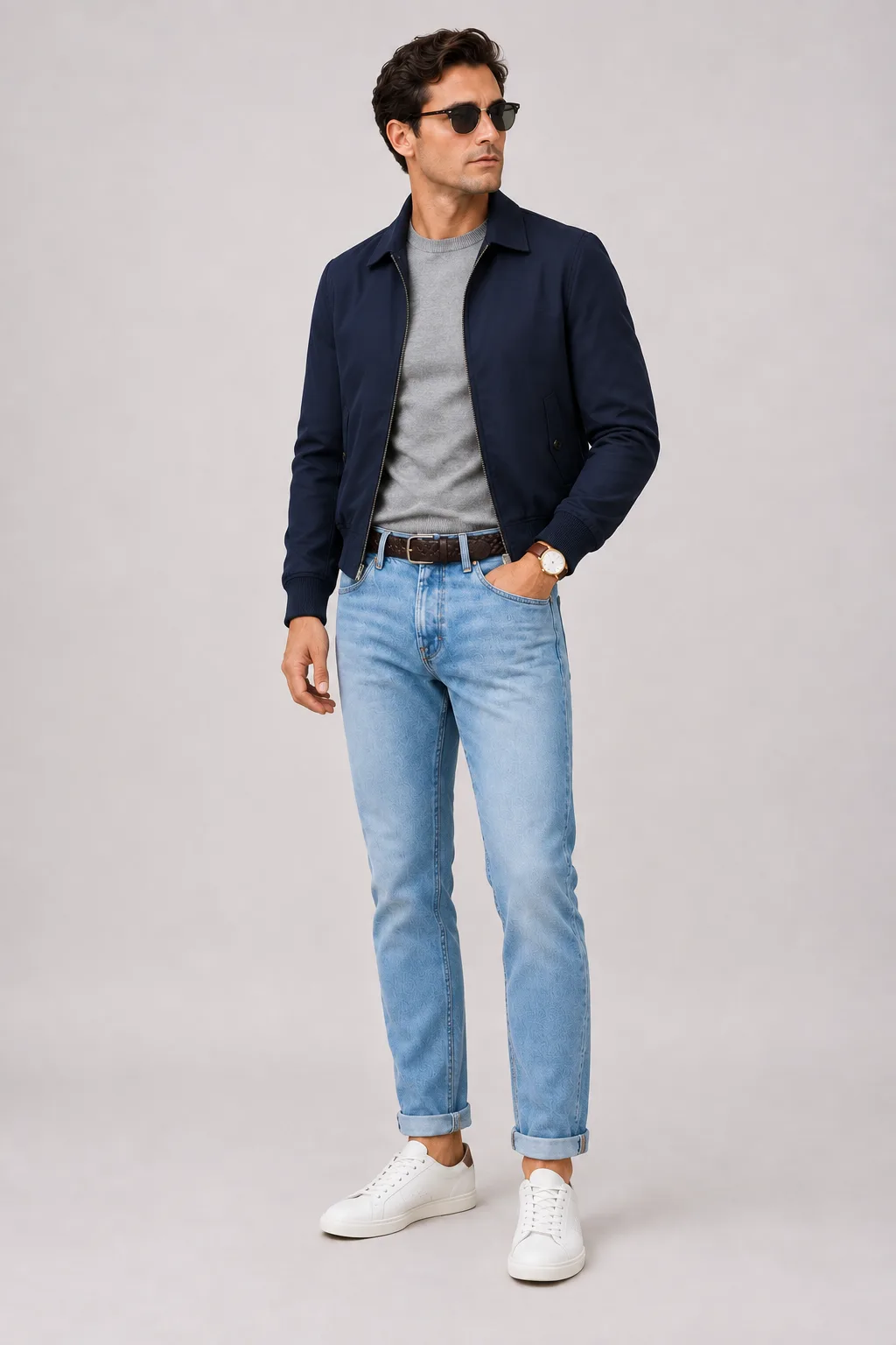 Harrington Blouson Navy über T-Shirt, dazu Jeans Hellblau und Sneaker — Crewneck-Pullover Feinstrick Hellgrau