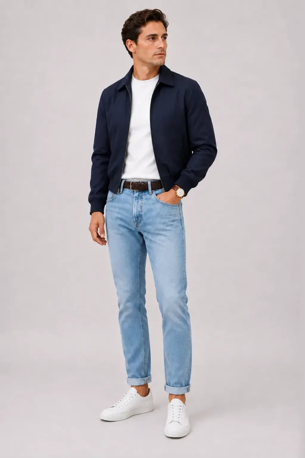 Harrington Blouson Navy über T-Shirt, dazu Jeans Hellblau und Sneaker