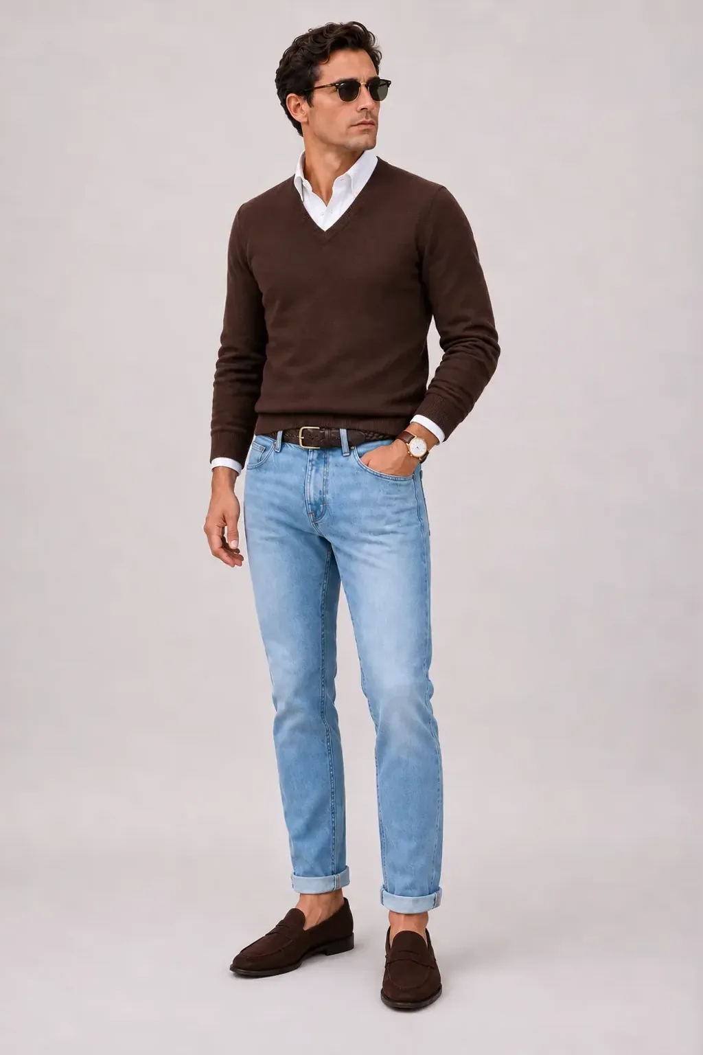 V-Neck-Pullover Feinstrick Schokobraun über Button-Down-Hemd, dazu Jeans Hellblau und Penny Loafer Wildleder