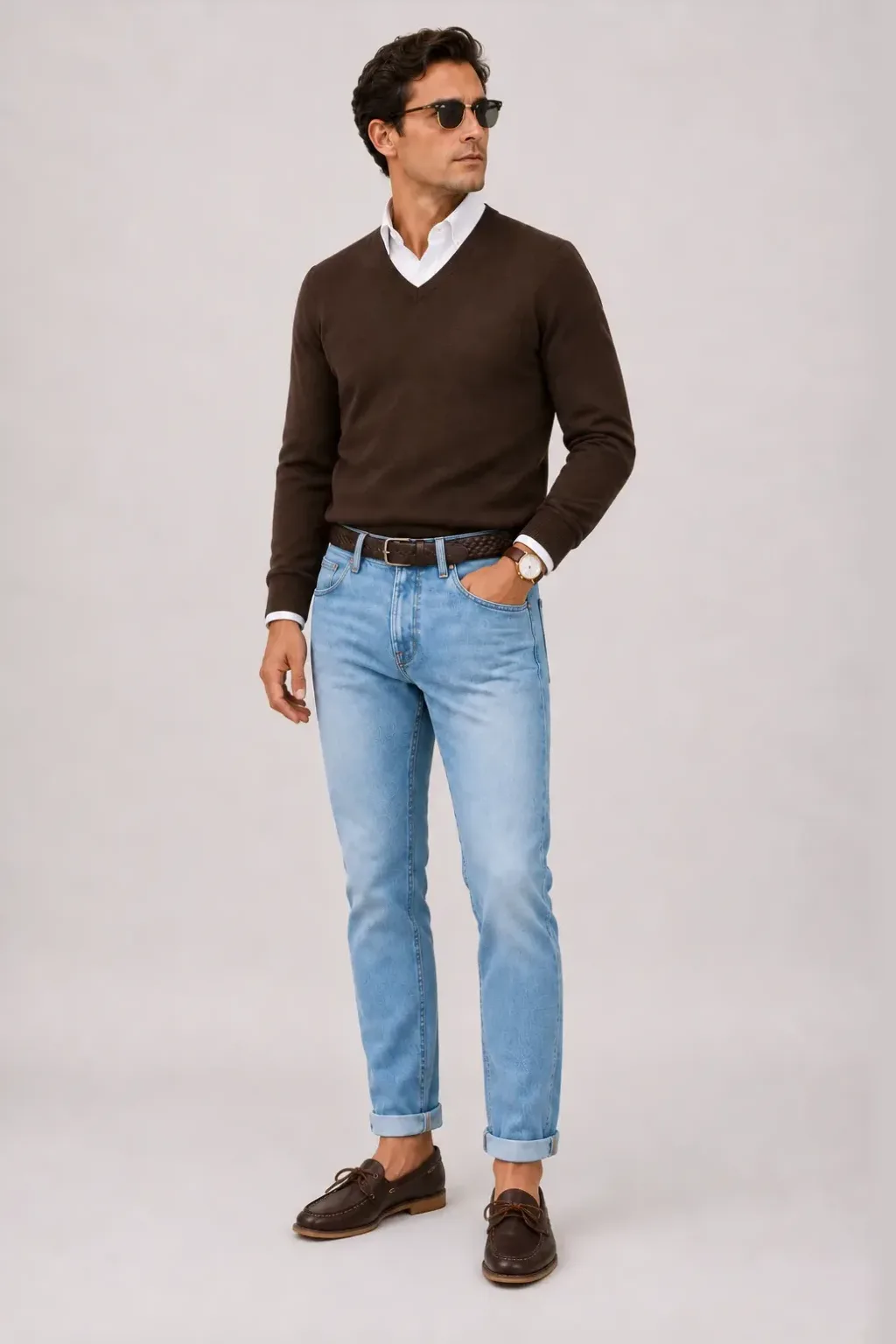 V-Neck-Pullover Feinstrick Schokobraun über Button-Down-Hemd, dazu Jeans Hellblau und Penny Loafer Wildleder
