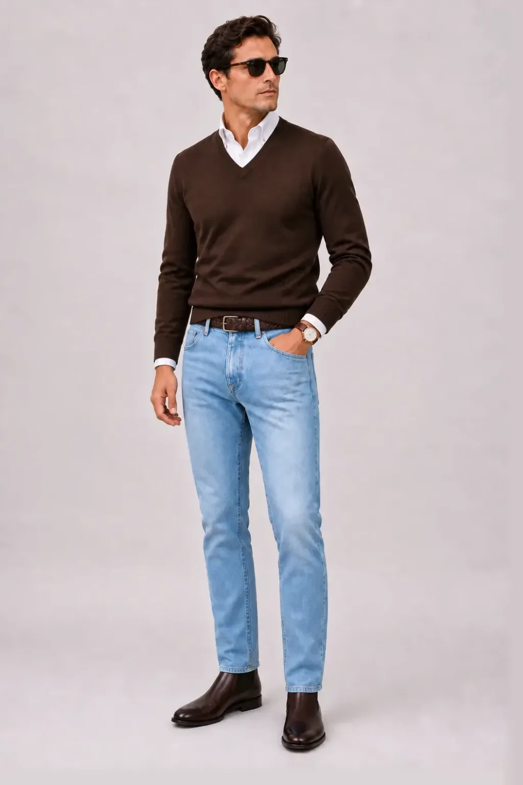 V-Neck-Pullover Feinstrick Schokobraun über Button-Down-Hemd, dazu Jeans Hellblau und Penny Loafer Wildleder — Chelsea Boot Dunkelbraun