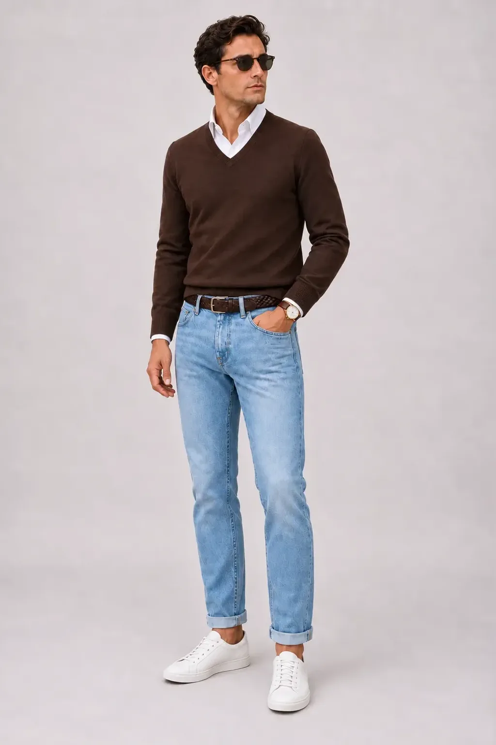 V-Neck-Pullover Feinstrick Schokobraun über Button-Down-Hemd, dazu Jeans Hellblau und Penny Loafer Wildleder — Sneaker Weiss