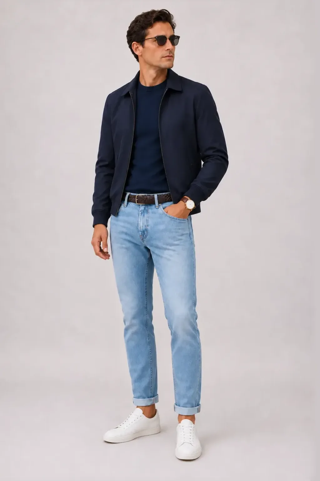 Harrington Blouson Navy über Crewneck-Pullover Feinstrick Navy, dazu Jeans Hellblau und Sneaker