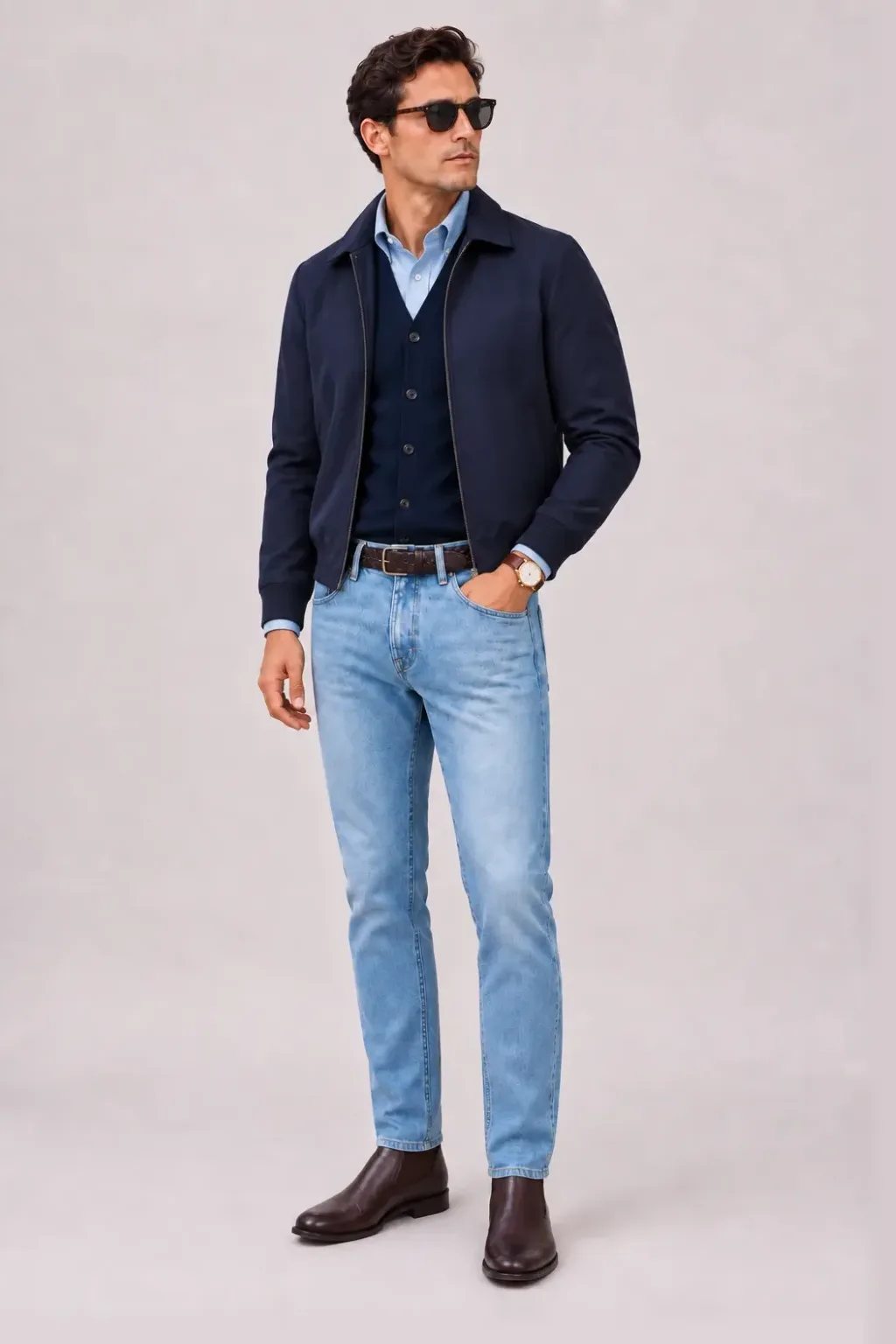 Harrington Blouson Navy über Cardigan, dazu Jeans Hellblau und Chelsea Boot