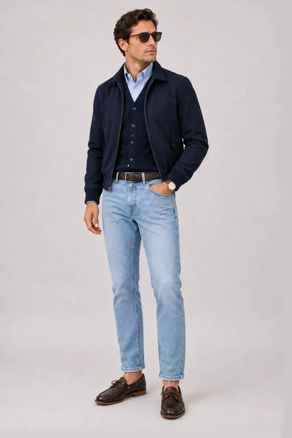 Harrington Blouson Navy über Cardigan, dazu Jeans Hellblau und Chelsea Boot