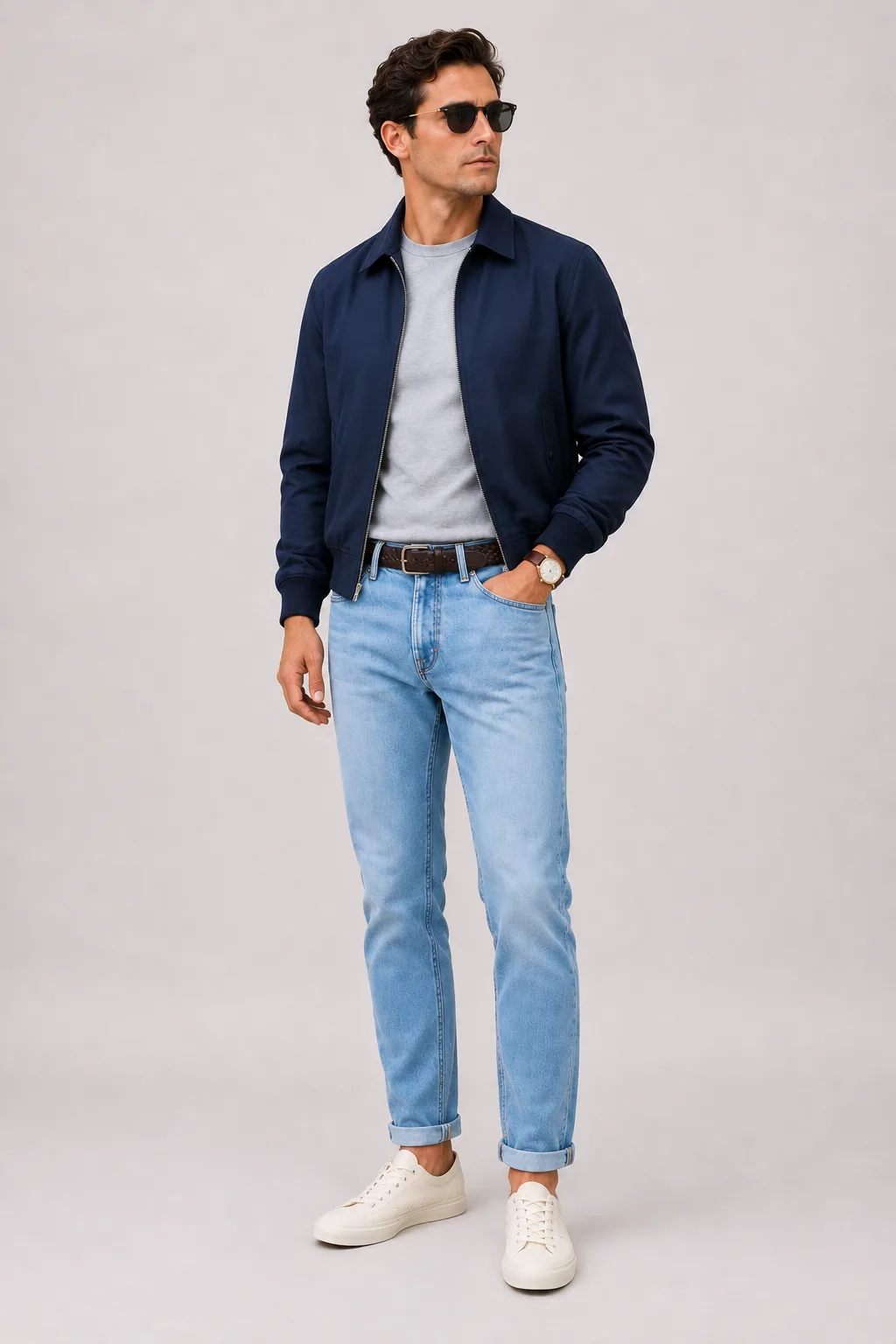 Harrington Blouson Navy über T-Shirt, dazu Chino-Shorts Navy und Canvas Sneaker — Jeans Hellblau