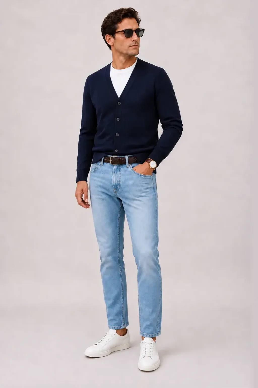 Cardigan Navy über T-Shirt, dazu Jeans Hellblau und Sneaker