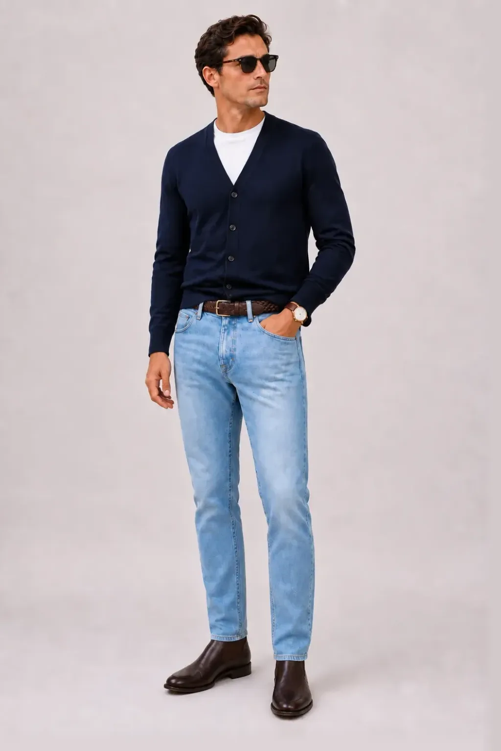 Cardigan Navy über T-Shirt, dazu Jeans Hellblau und Sneaker