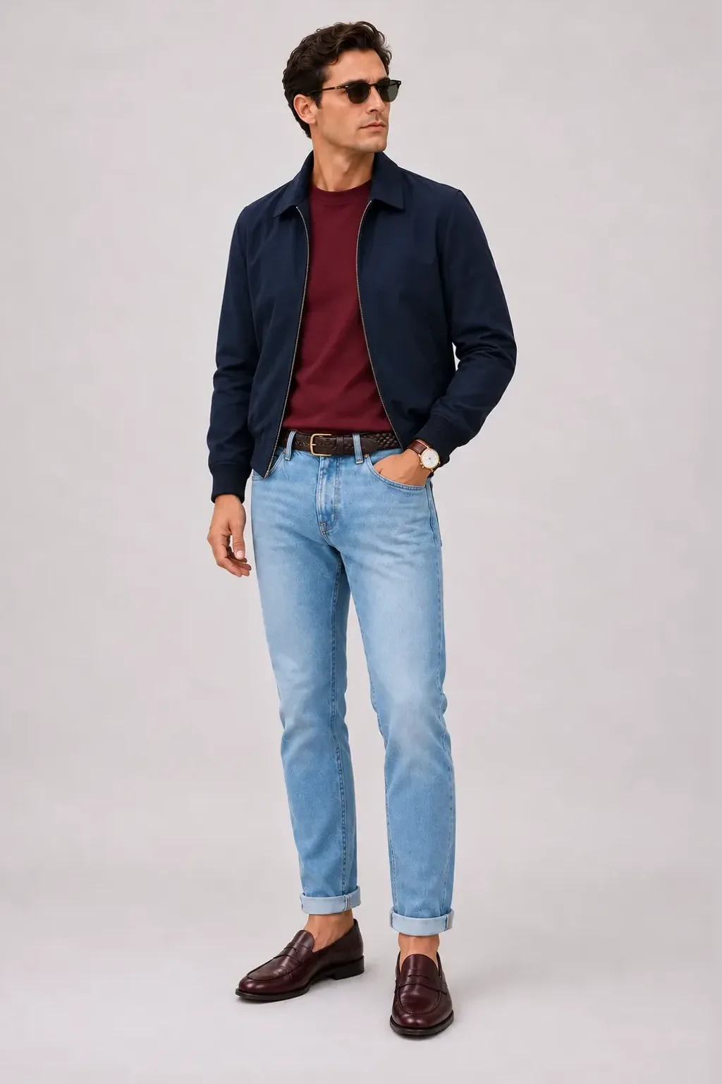 Harrington Blouson Navy über T-Shirt, dazu Jeans Hellblau und Penny Loafer
