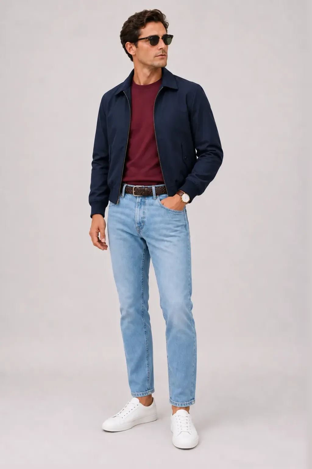 Harrington Blouson Navy über T-Shirt, dazu Jeans Hellblau und Penny Loafer