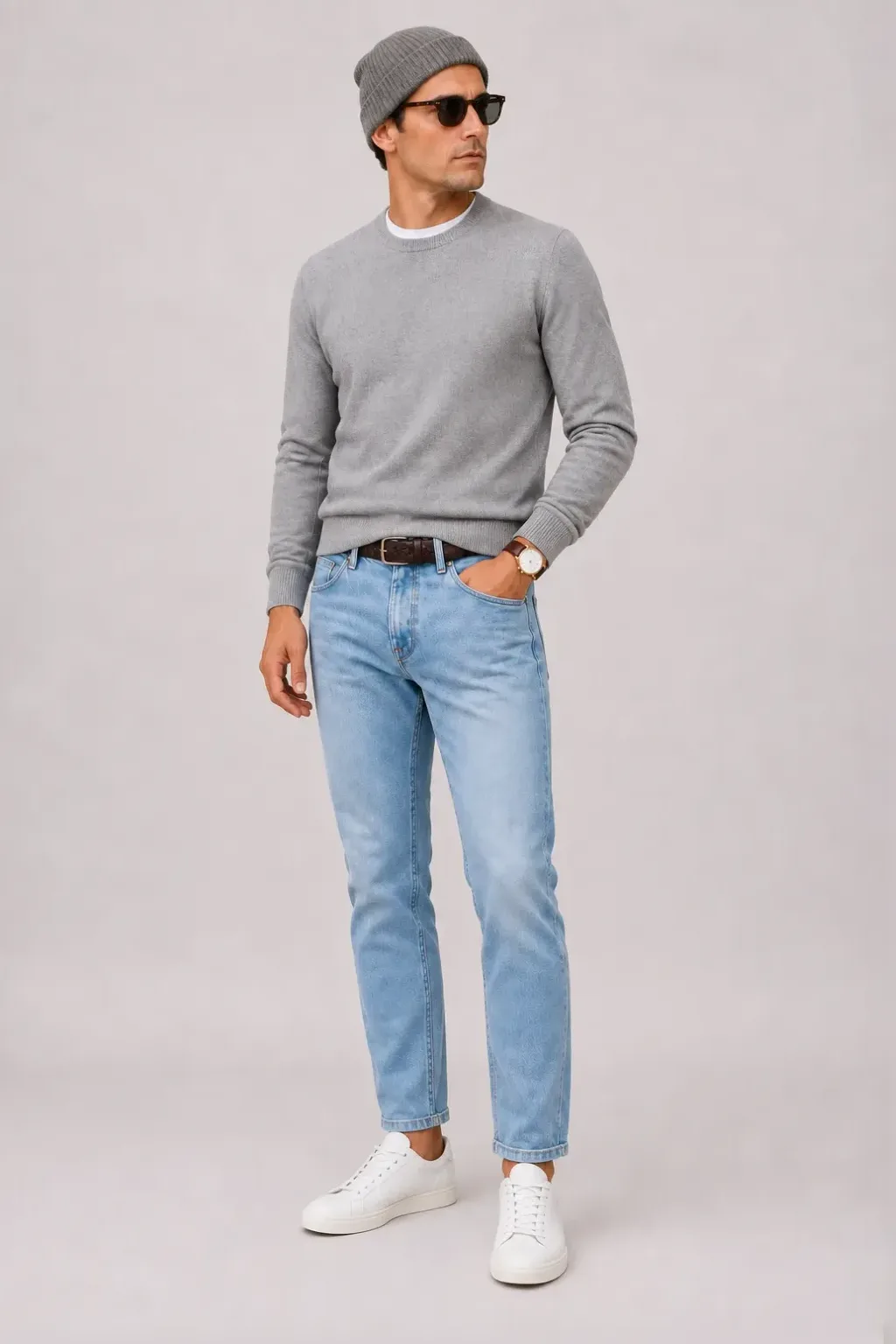 Crewneck-Pullover Feinstrick Hellgrau über T-Shirt, dazu Chino-Shorts Navy und Sneaker — Jeans Hellblau