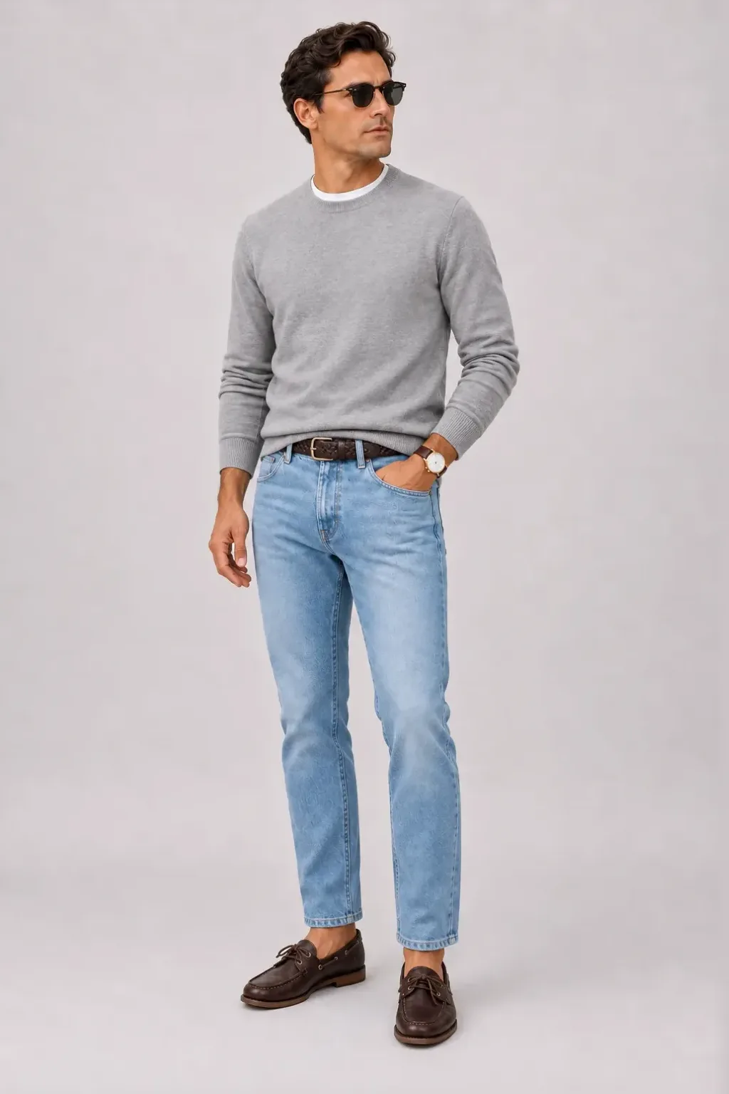 Crewneck-Pullover Feinstrick Hellgrau über T-Shirt, dazu Jeans Hellblau und Sneaker