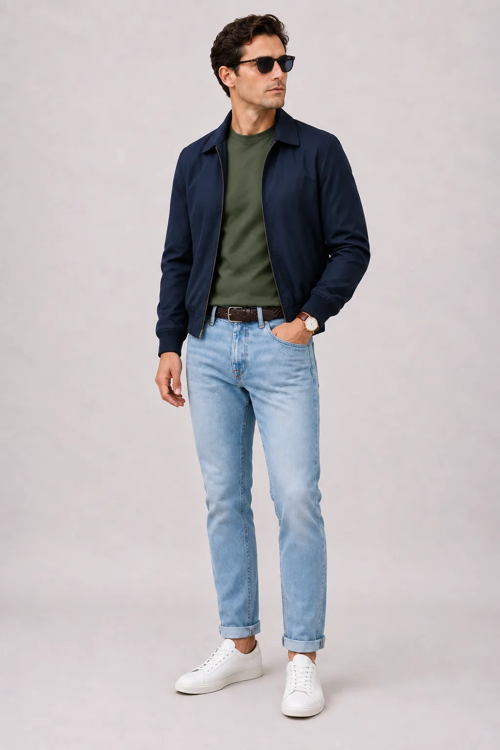 Harrington Blouson Navy über T-Shirt, dazu Jeans Hellblau und Sneaker — T-Shirt Oliv