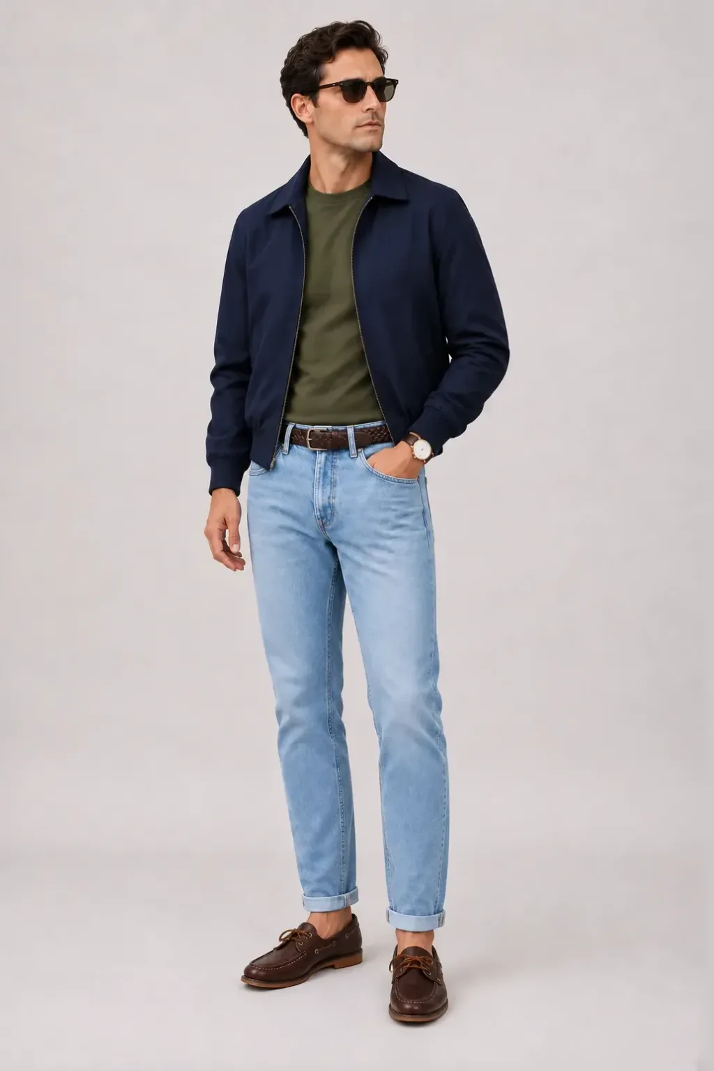Harrington Blouson Navy über T-Shirt Oliv, dazu Jeans Hellblau und Sneaker