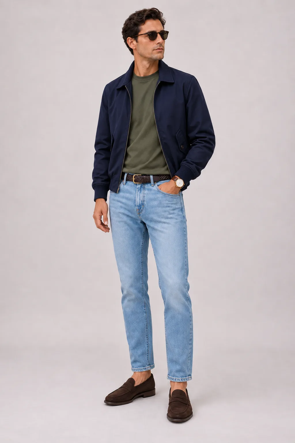 Harrington Blouson Navy über T-Shirt Oliv, dazu Jeans Hellblau und Sneaker