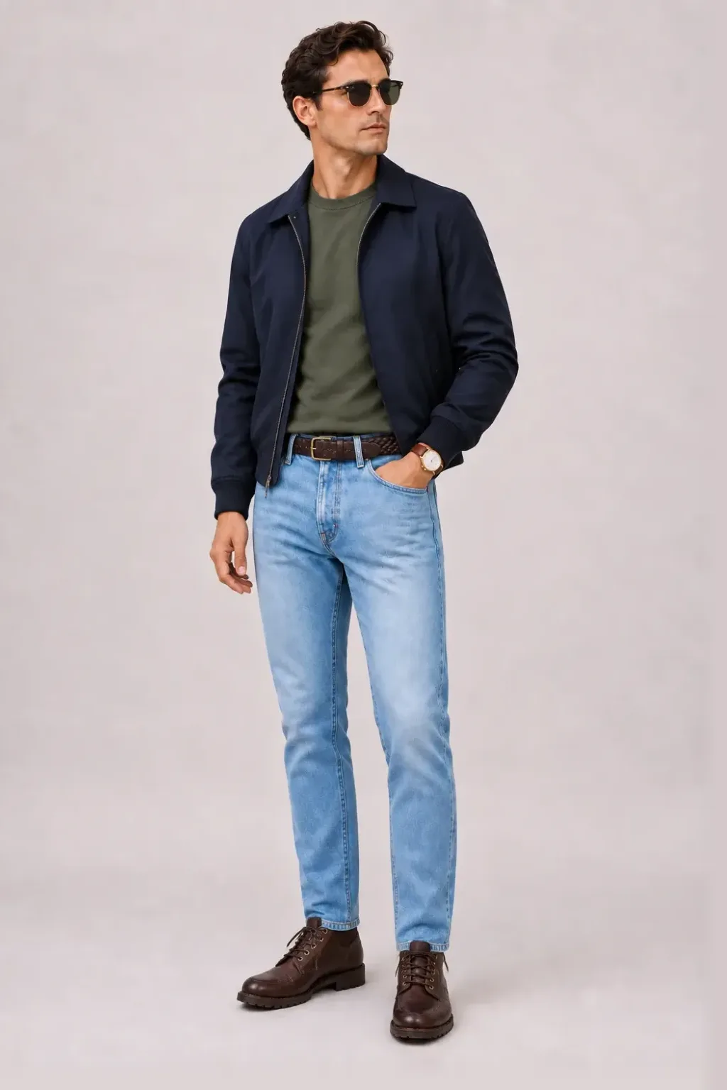 Harrington Blouson Navy über T-Shirt Oliv, dazu Jeans Hellblau und Sneaker