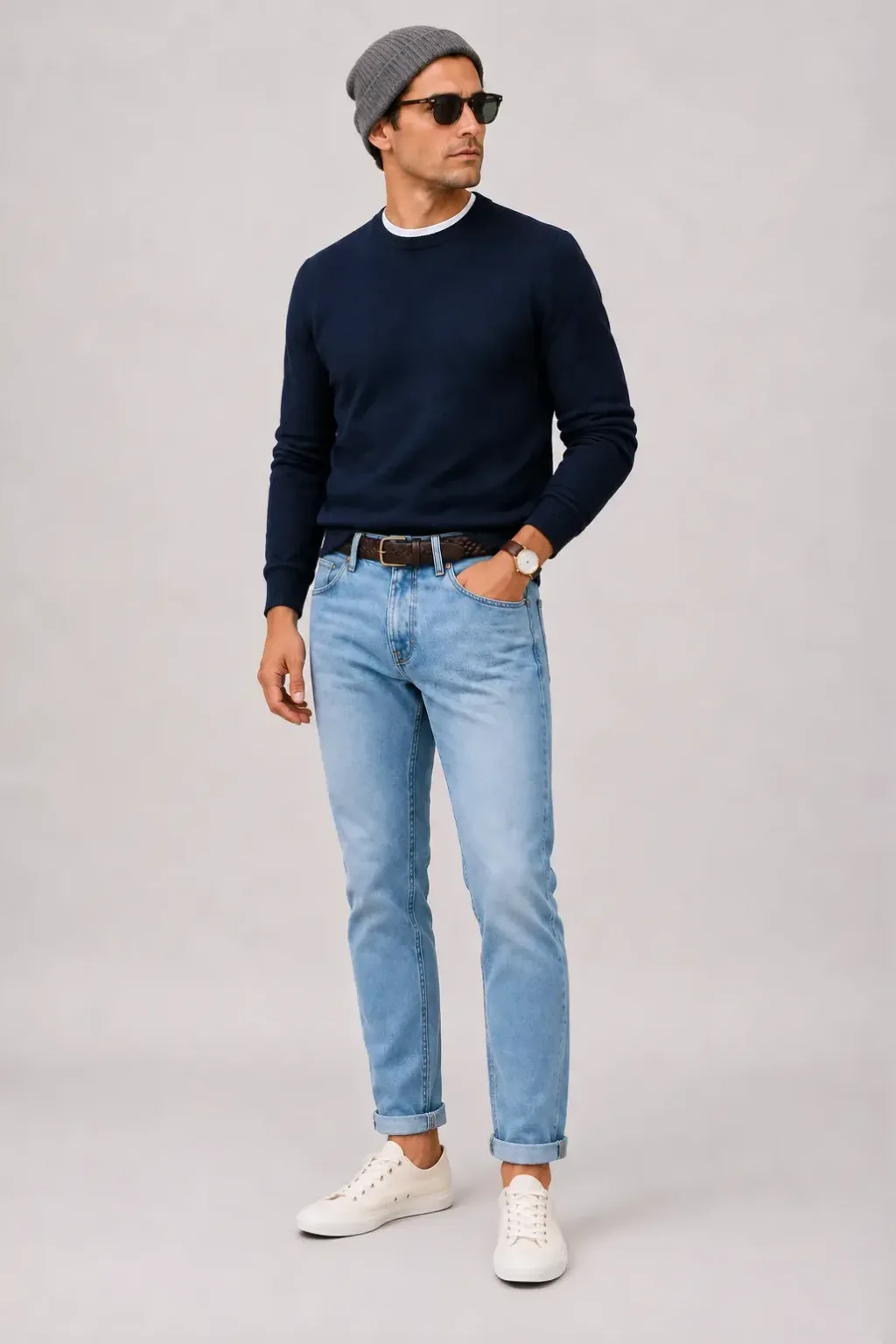 Crewneck-Pullover Feinstrick Navy über T-Shirt, dazu Jeans Hellblau und Canvas Sneaker