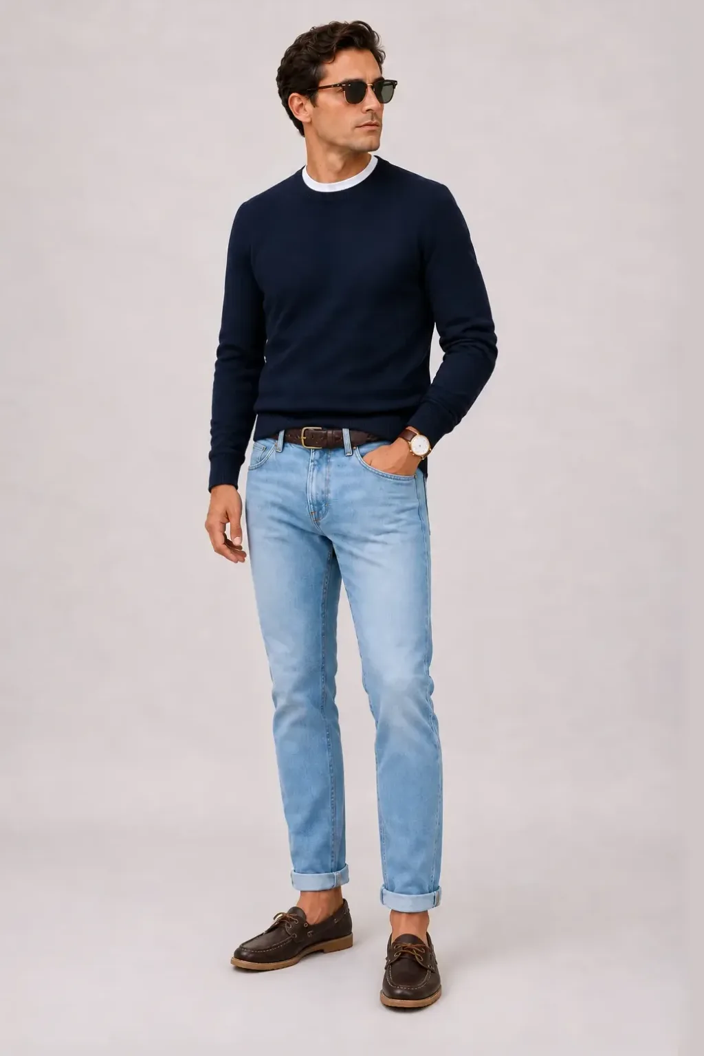 Crewneck-Pullover Feinstrick Navy über T-Shirt, dazu Jeans Hellblau und Canvas Sneaker — Bootsschuh Dunkelbraun