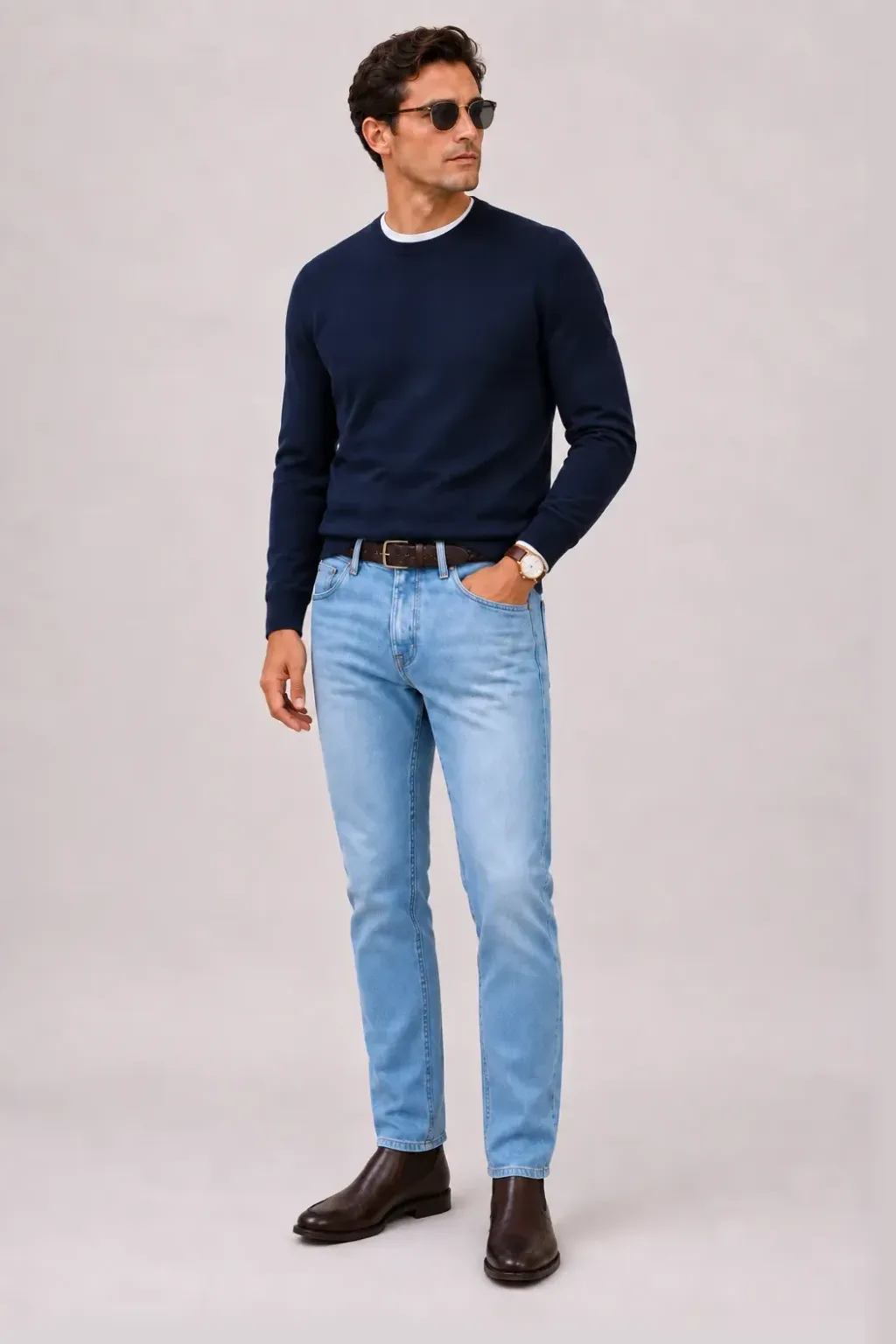 Crewneck-Pullover Feinstrick Navy über T-Shirt, dazu Jeans Hellblau und Canvas Sneaker — Chelsea Boot Dunkelbraun