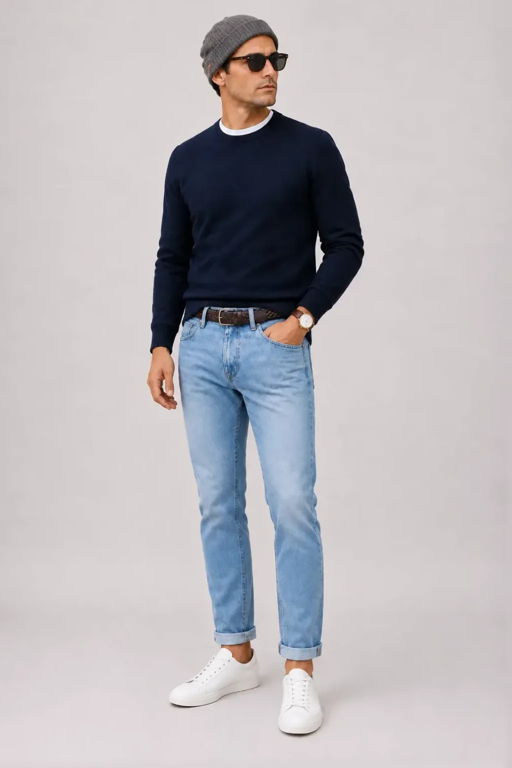Crewneck-Pullover Feinstrick Navy über T-Shirt, dazu Jeans Hellblau und Canvas Sneaker — Sneaker Weiss
